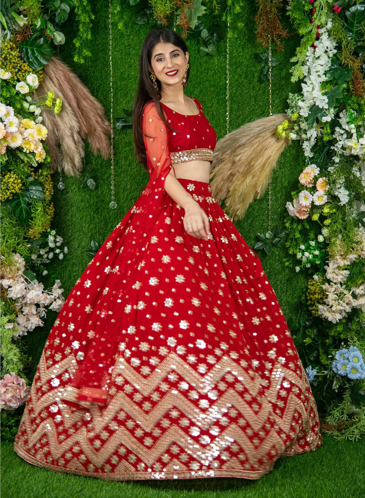 Red Georgette Lehenga With Sequins And Zari Embroidered Work