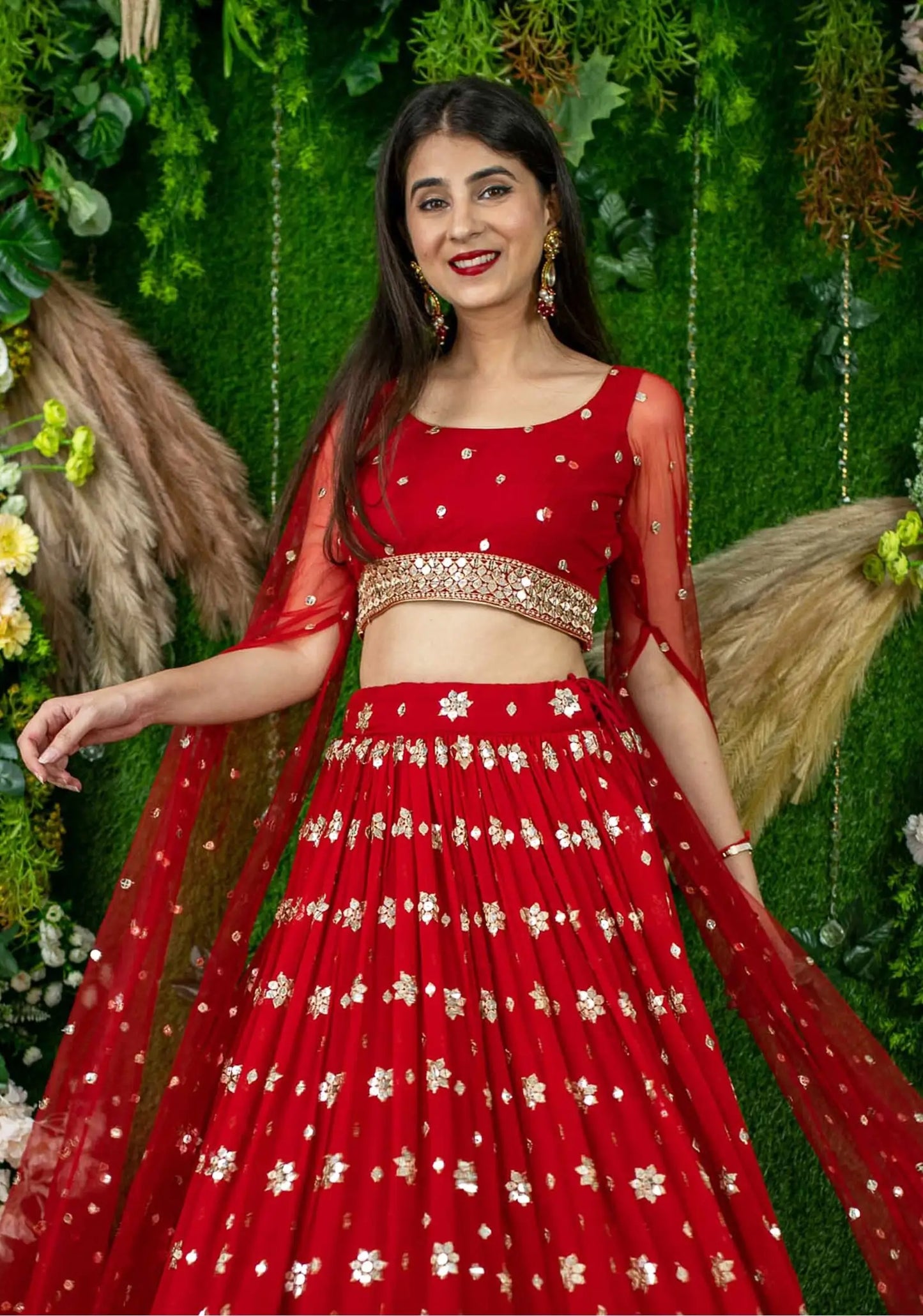 Red Georgette Lehenga With Sequins And Zari Embroidered Work