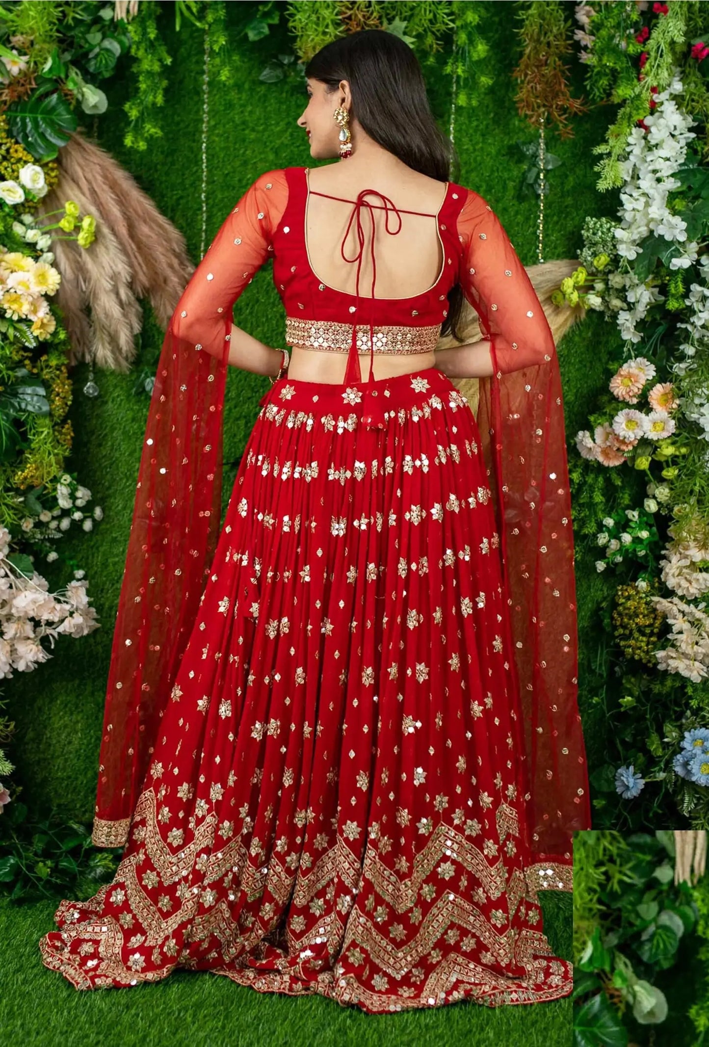 Red Georgette Lehenga With Sequins And Zari Embroidered Work