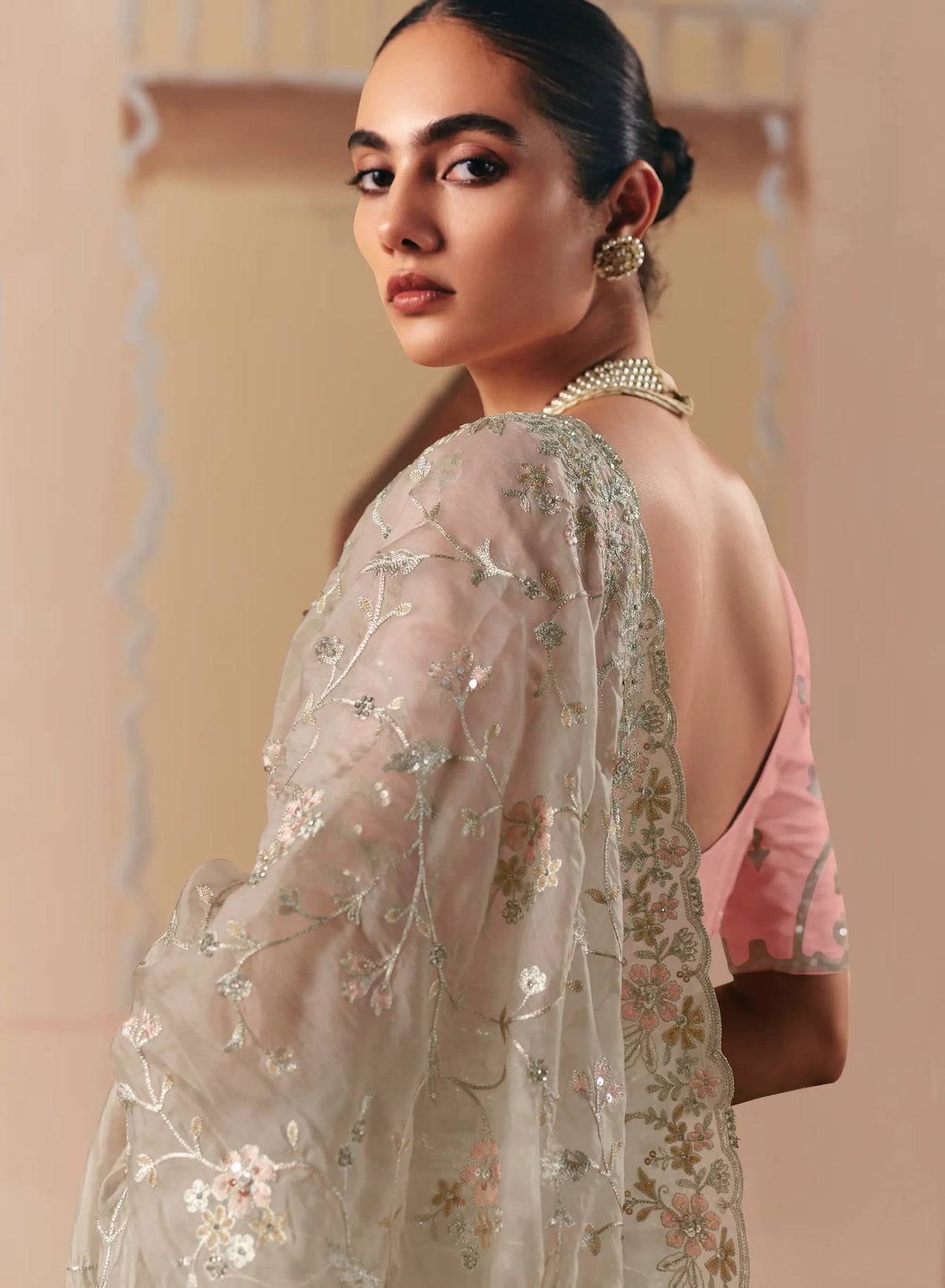 Dusty Grey Fancy Embroidery & Stone Work Saree