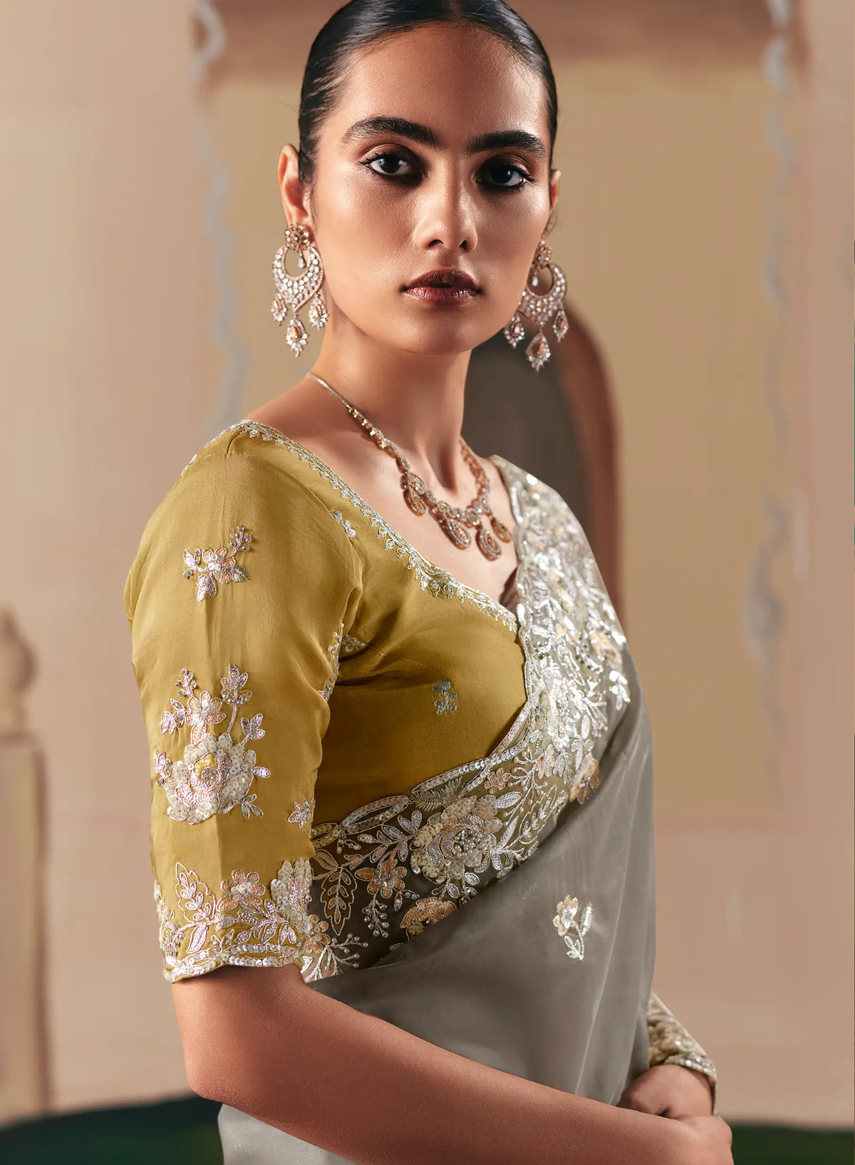 Dark Grey Fancy Embroidery & Stone Work Saree