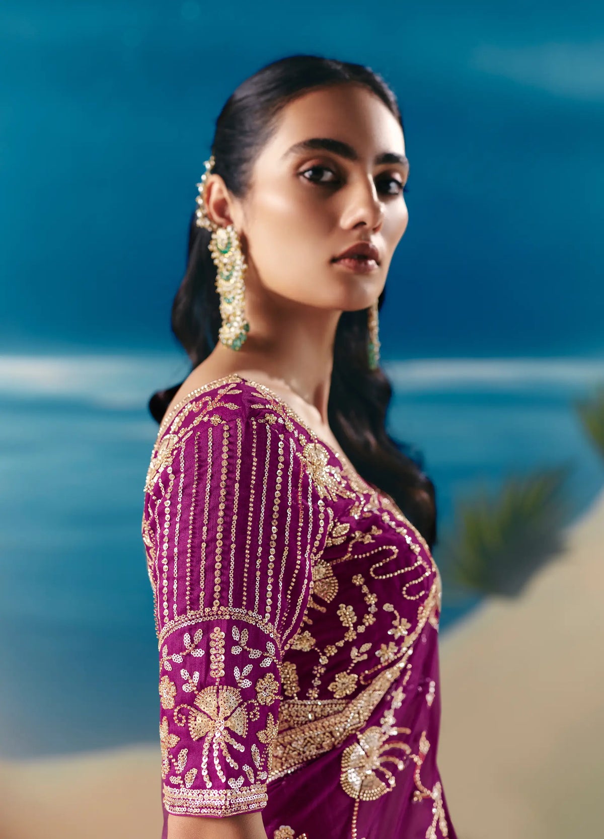 Grape Purple Satin Organza Heavy Embroidery Saree