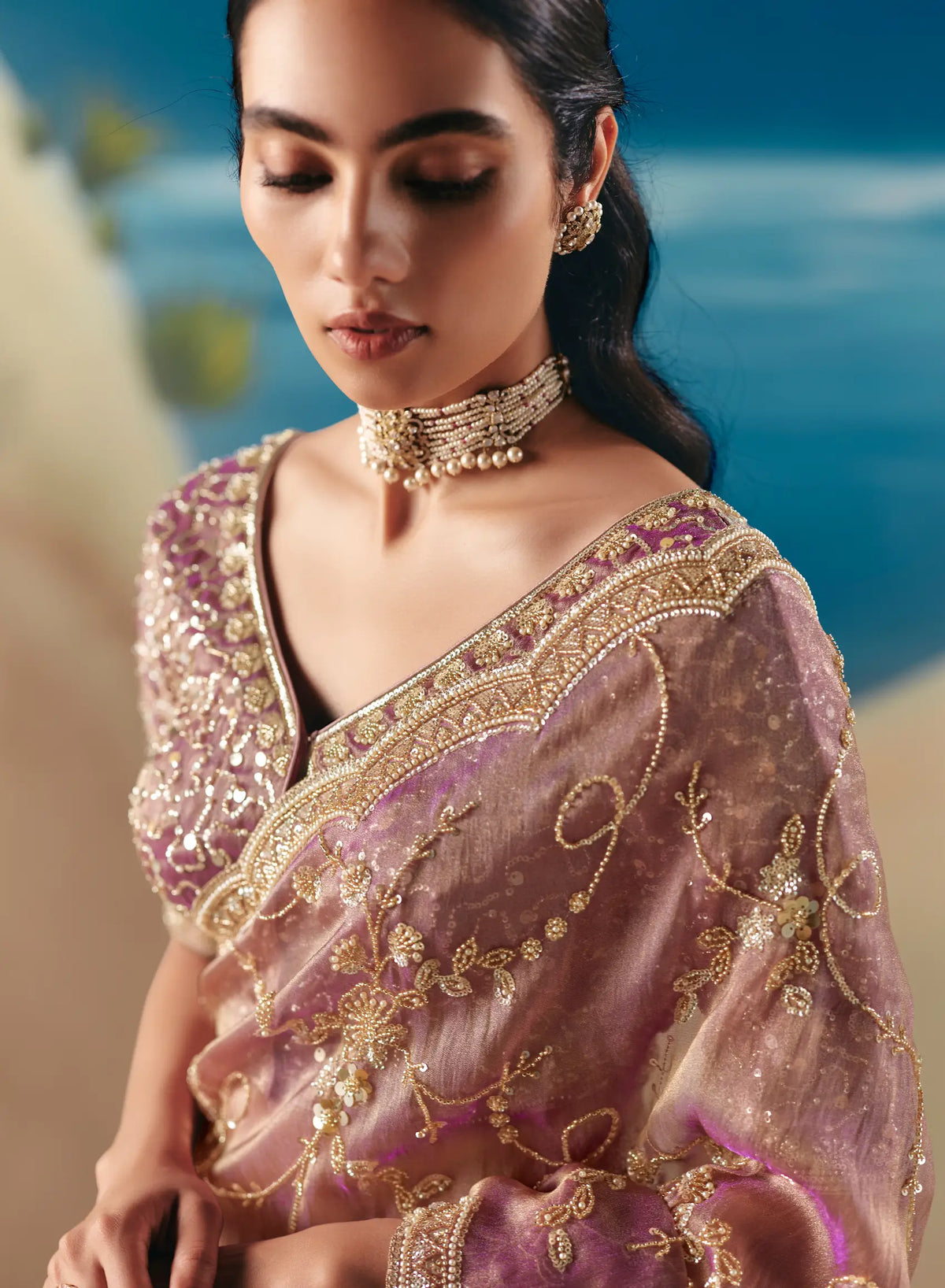 Turkish Rose Satin Organza Heavy Embroidery Saree