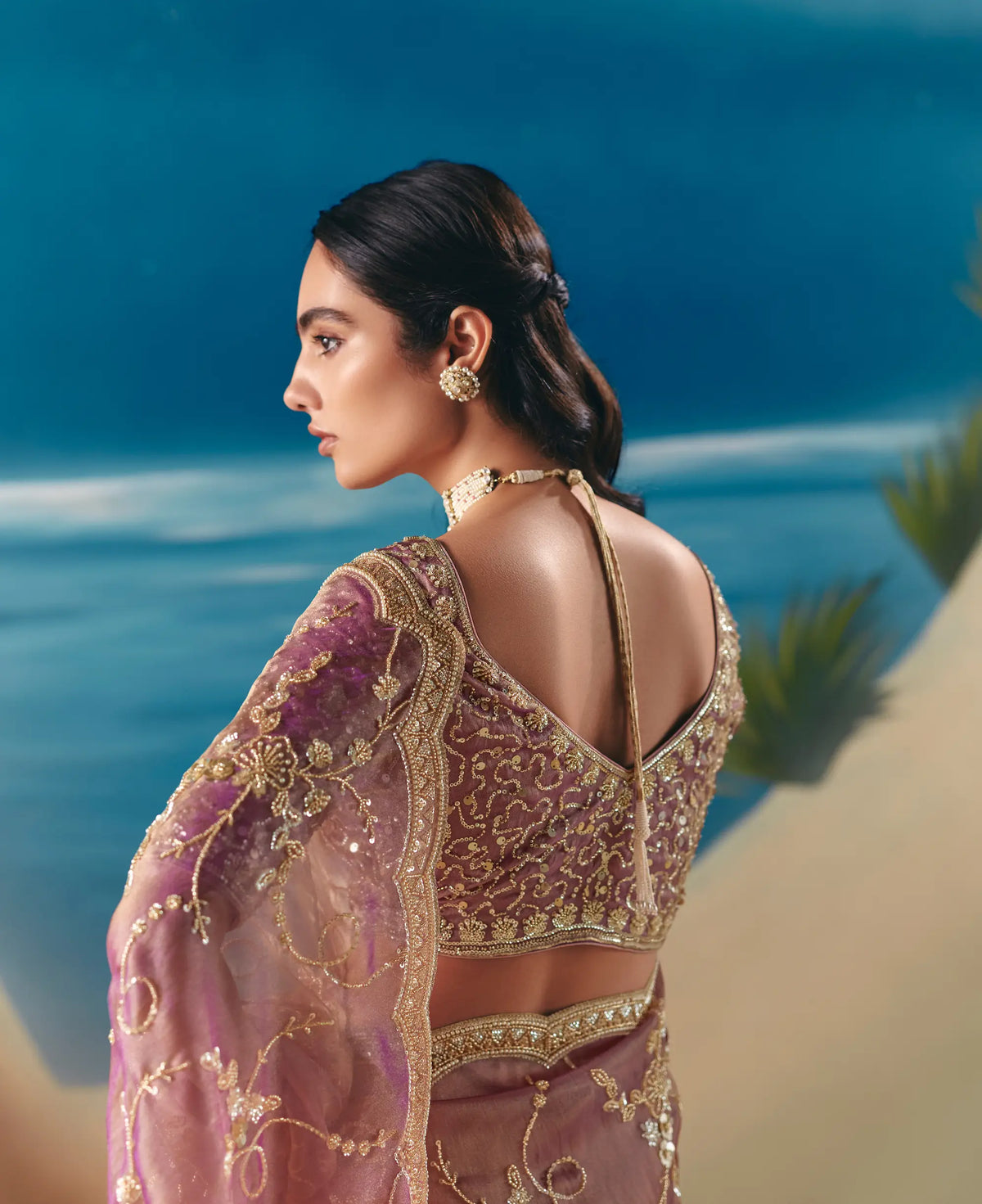 Turkish Rose Satin Organza Heavy Embroidery Saree