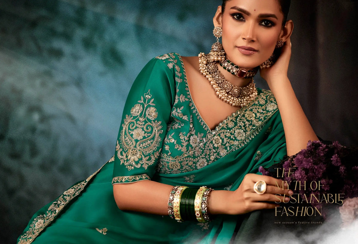 Teal Green Bridal Saree With Aari & Hand Work