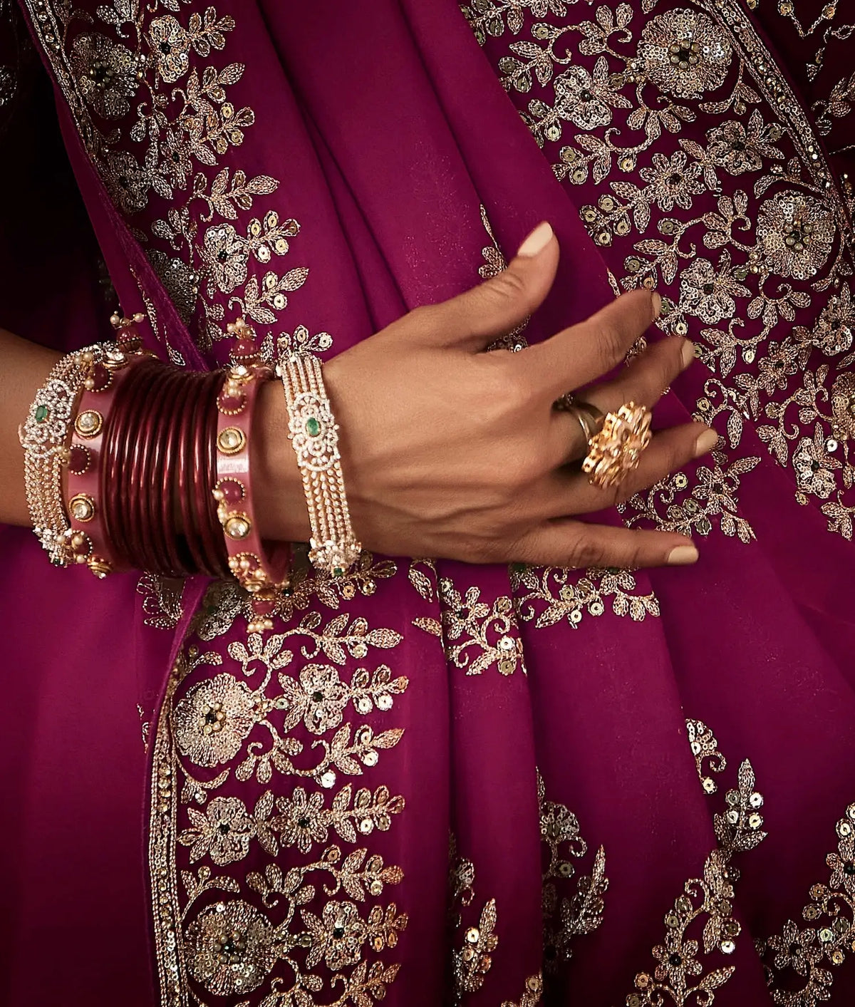 Mulberry Bridal Saree With Aari & Hand Work