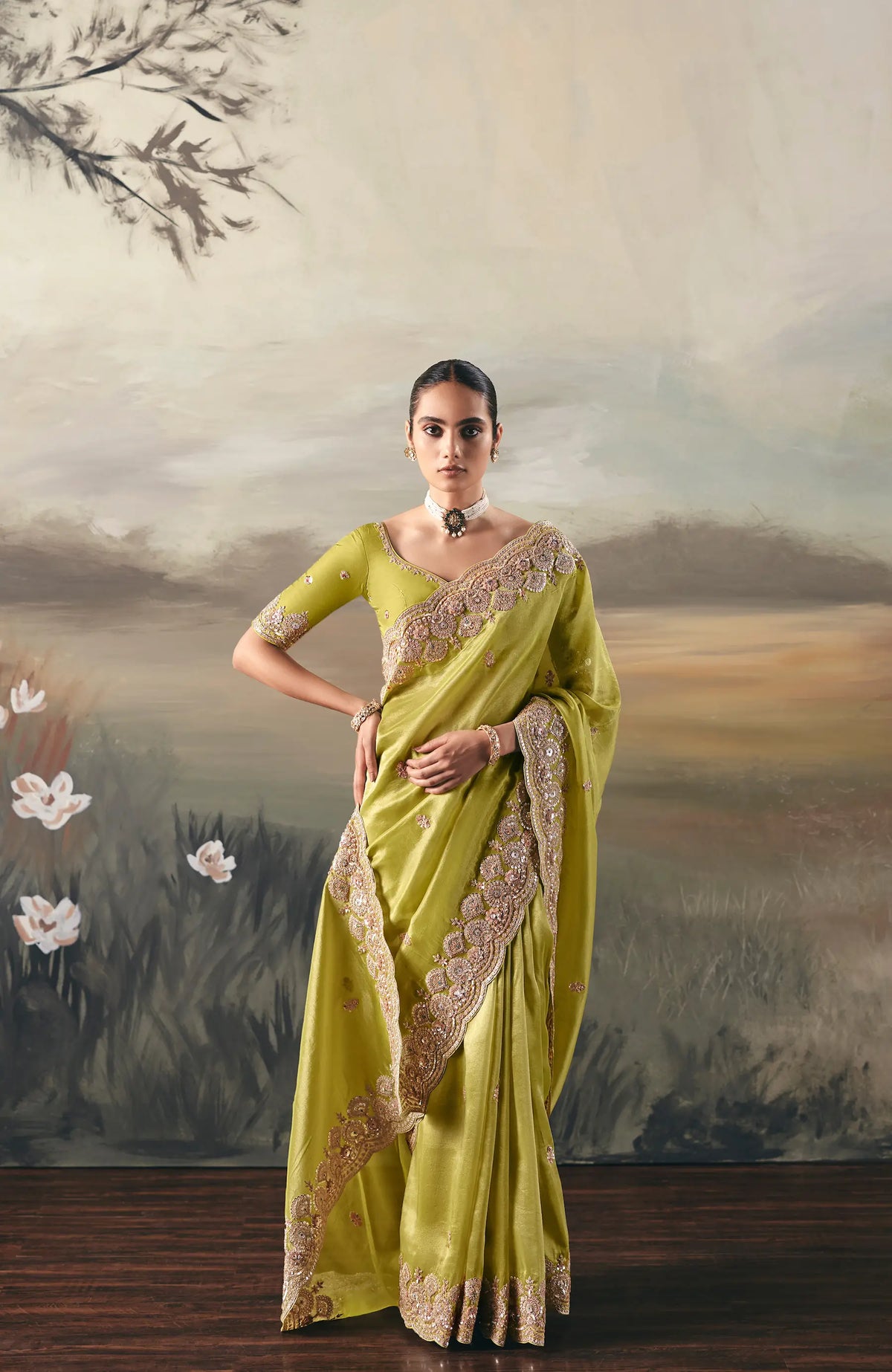Fluorescent Yellow Heavy Embroidered Tissue Silk Saree