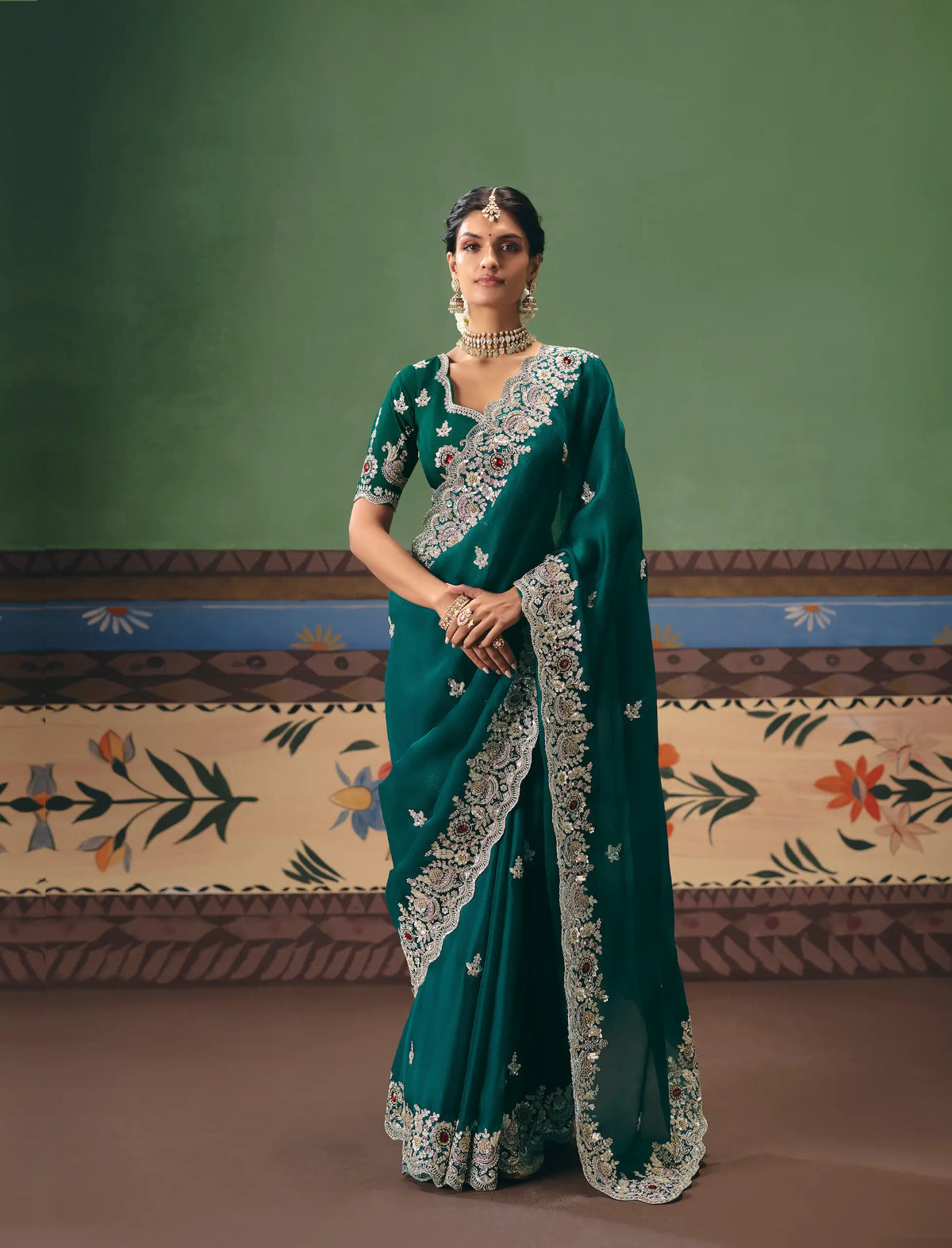 Bottle Green Heavy Embroidered Saree