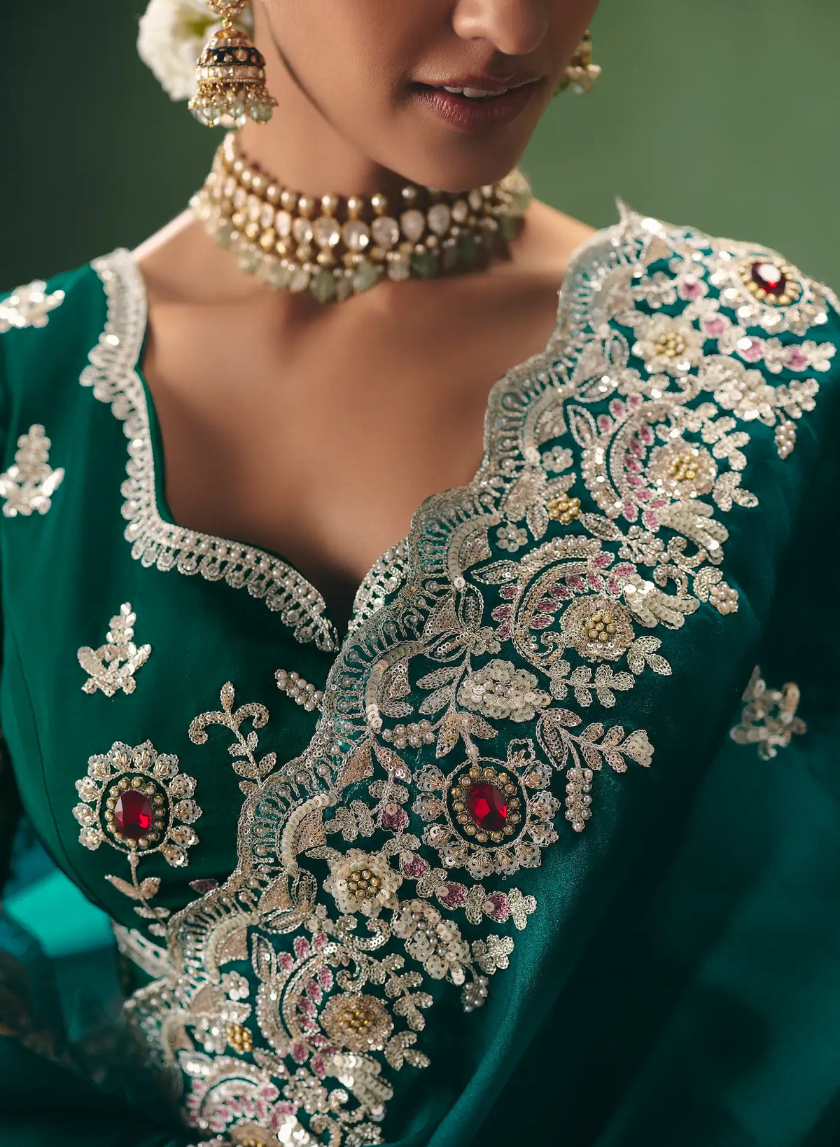 Bottle Green Heavy Embroidered Saree