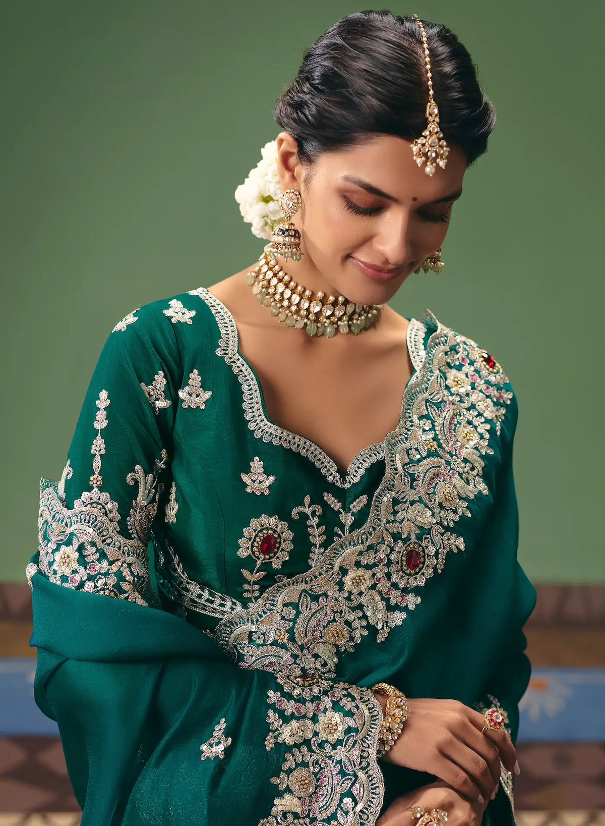 Bottle Green Heavy Embroidered Saree