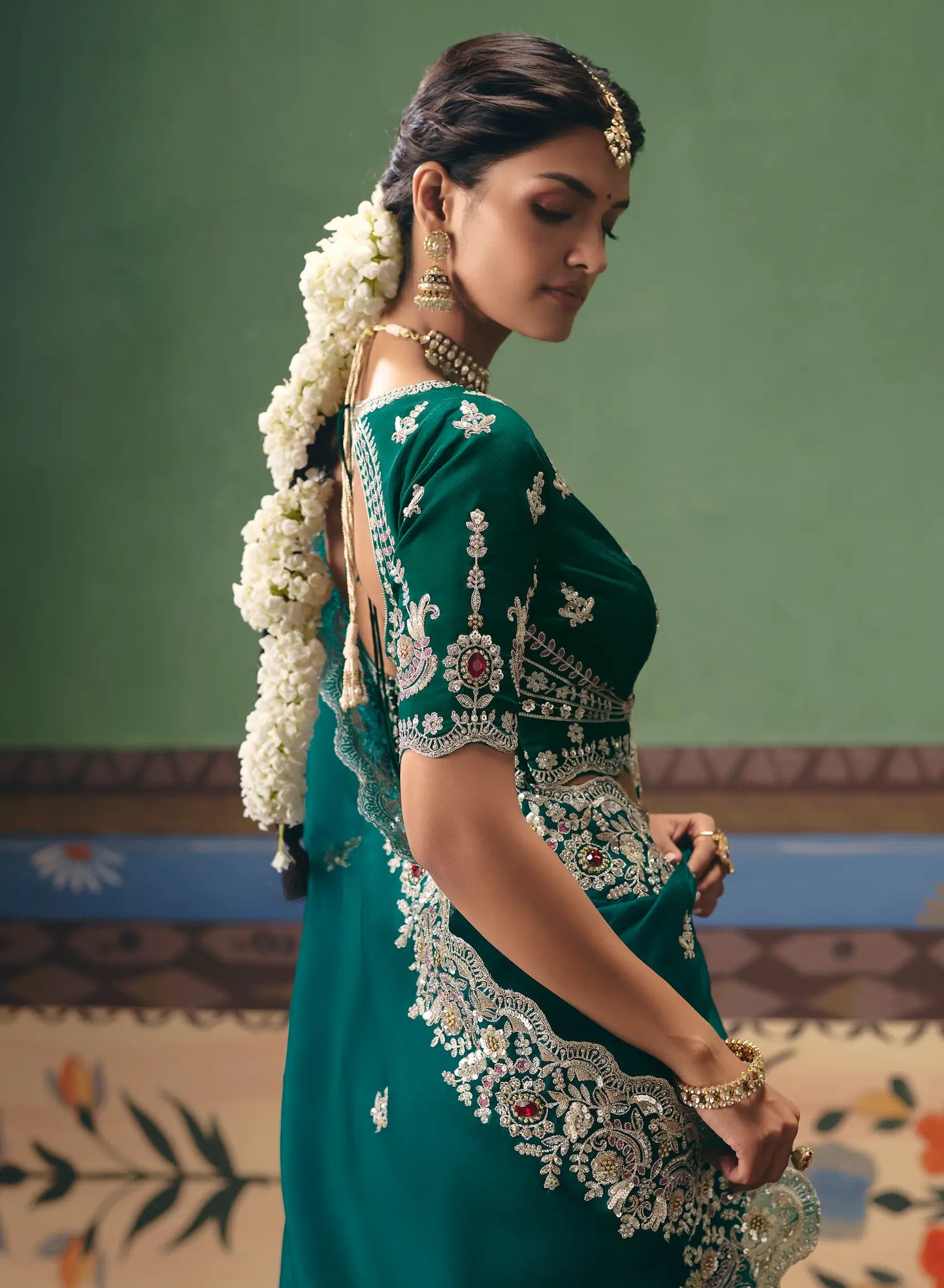 Bottle Green Heavy Embroidered Saree