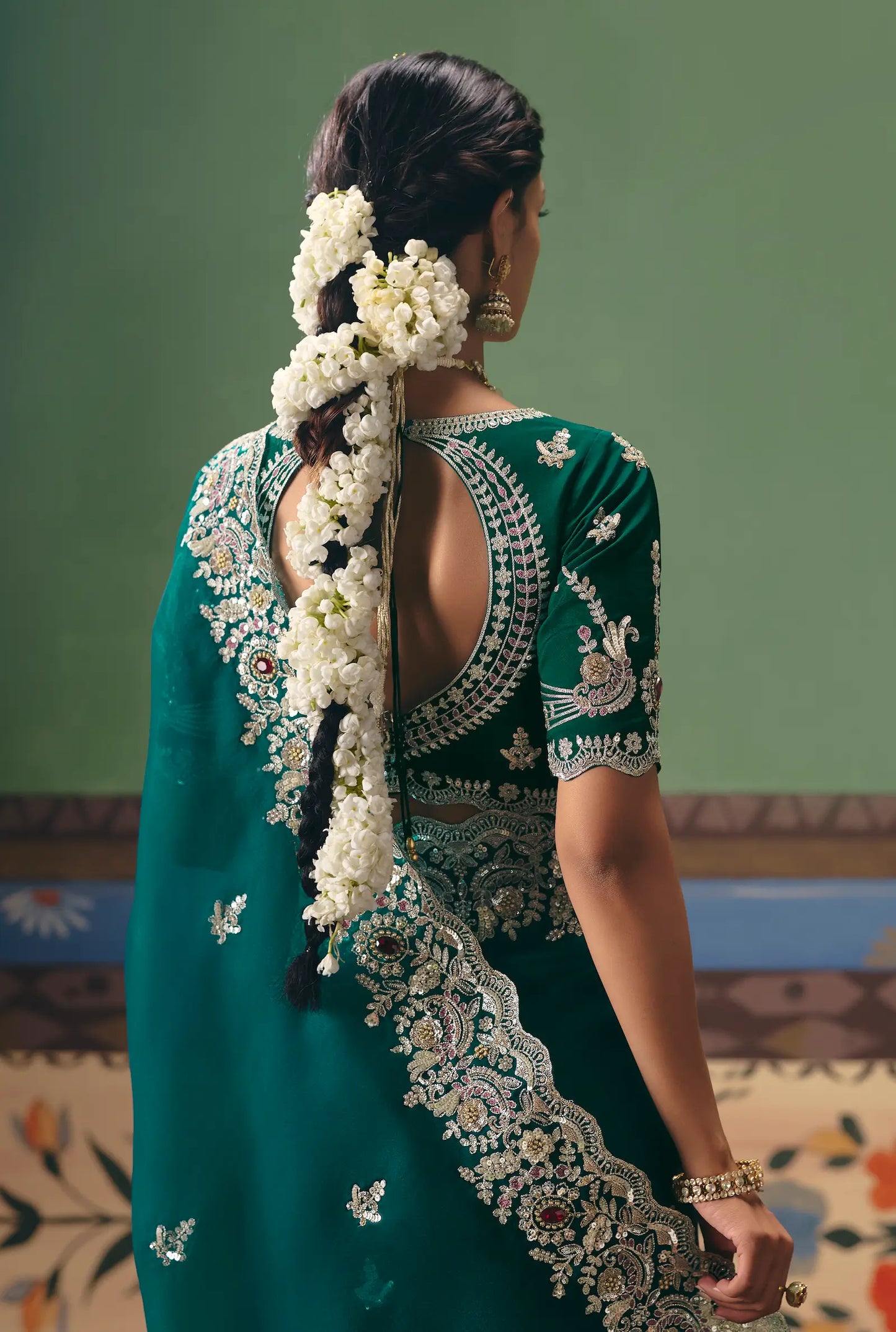 Bottle Green Heavy Embroidered Saree