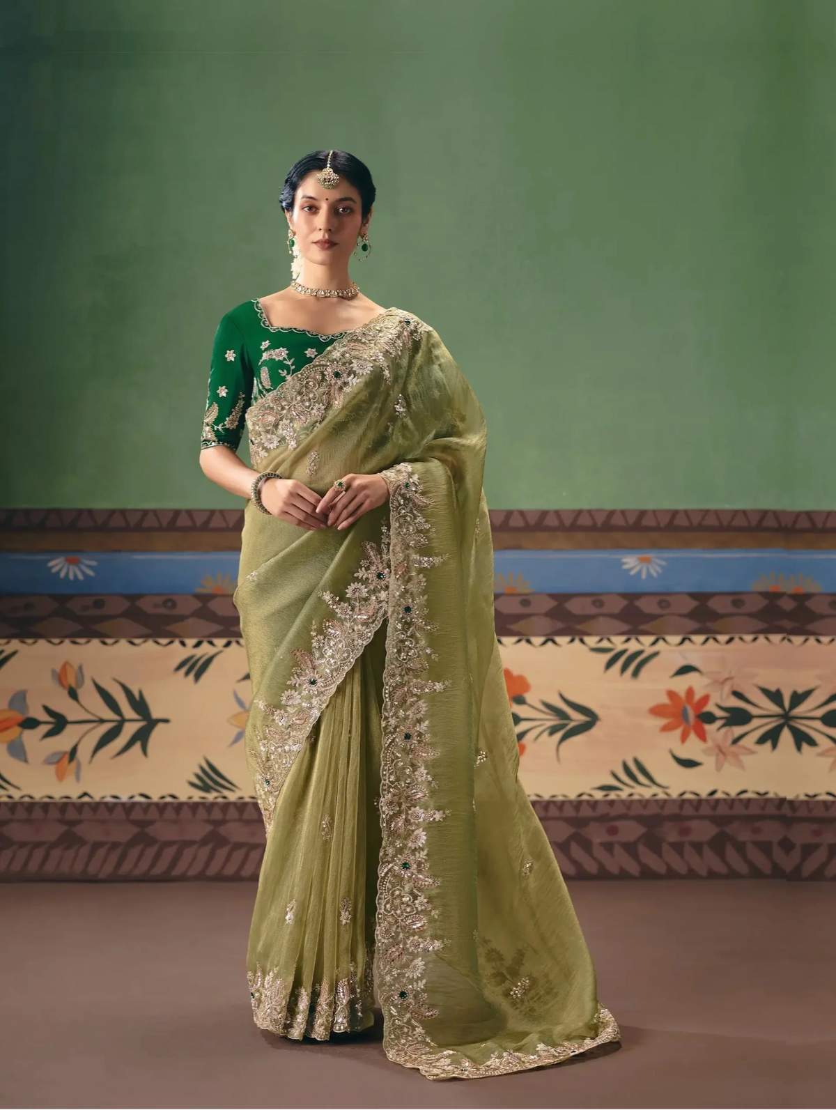 Olive Green Heavy Embroidered Saree