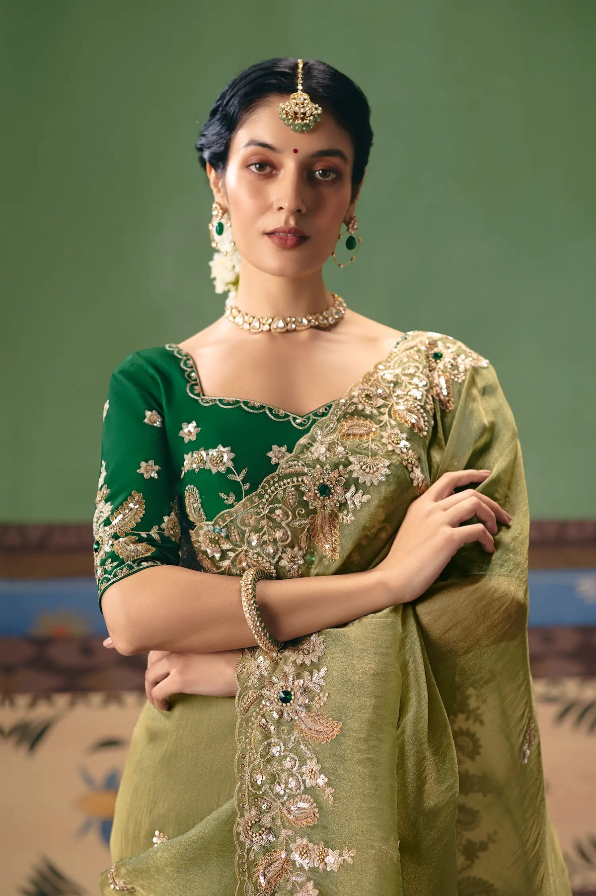 Olive Green Heavy Embroidered Saree