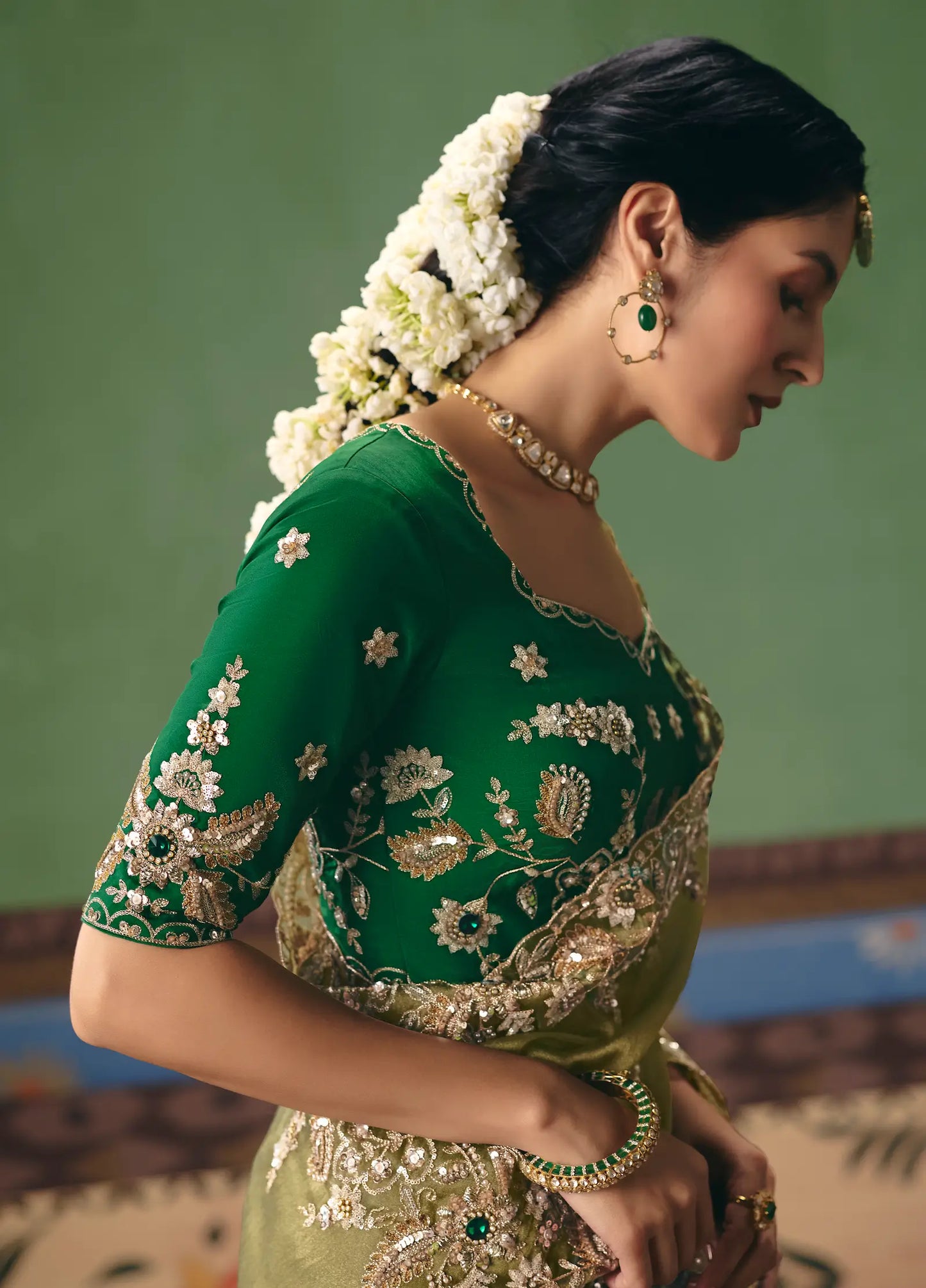 Olive Green Heavy Embroidered Saree