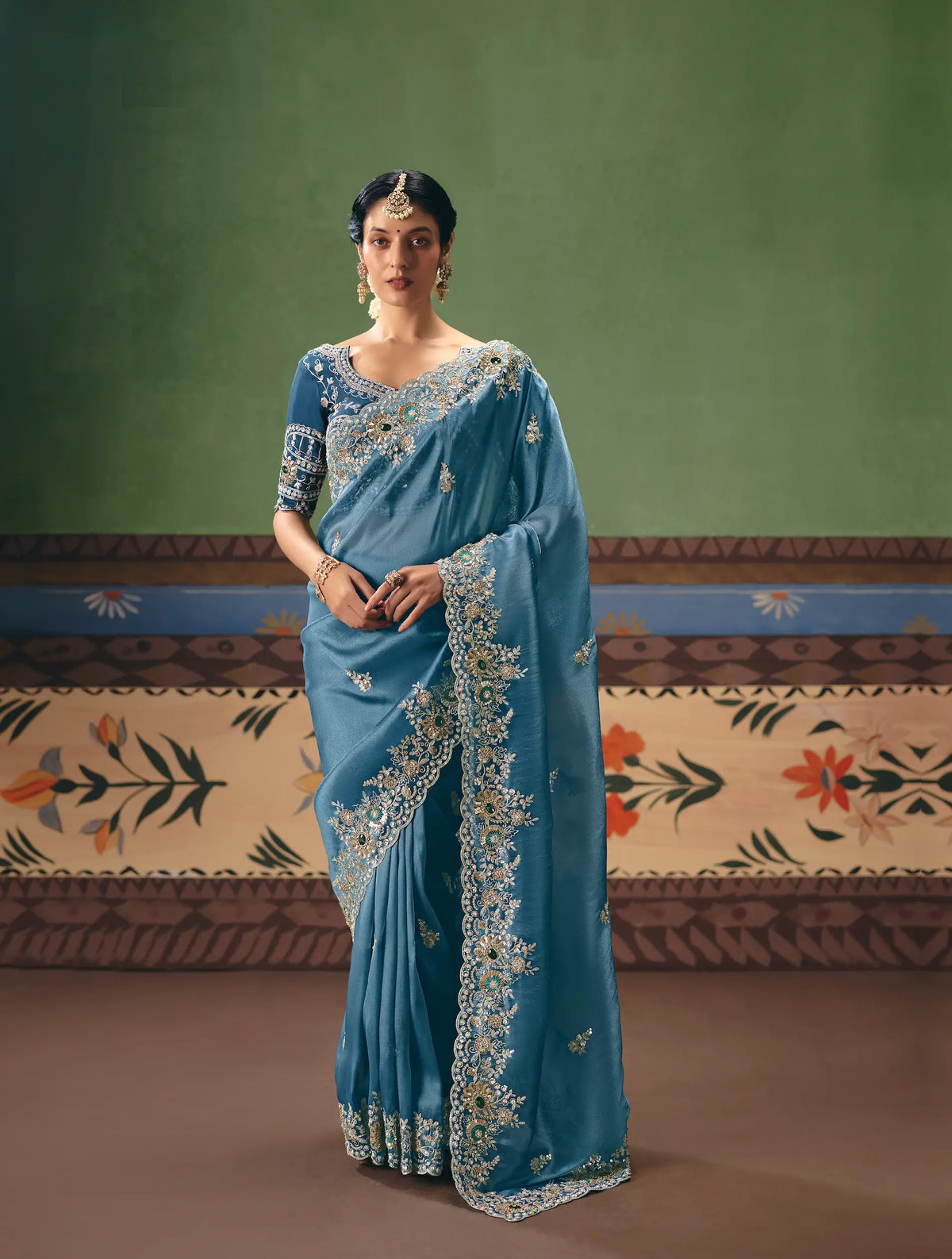 Metalic Blue Heavy Embroidered Saree