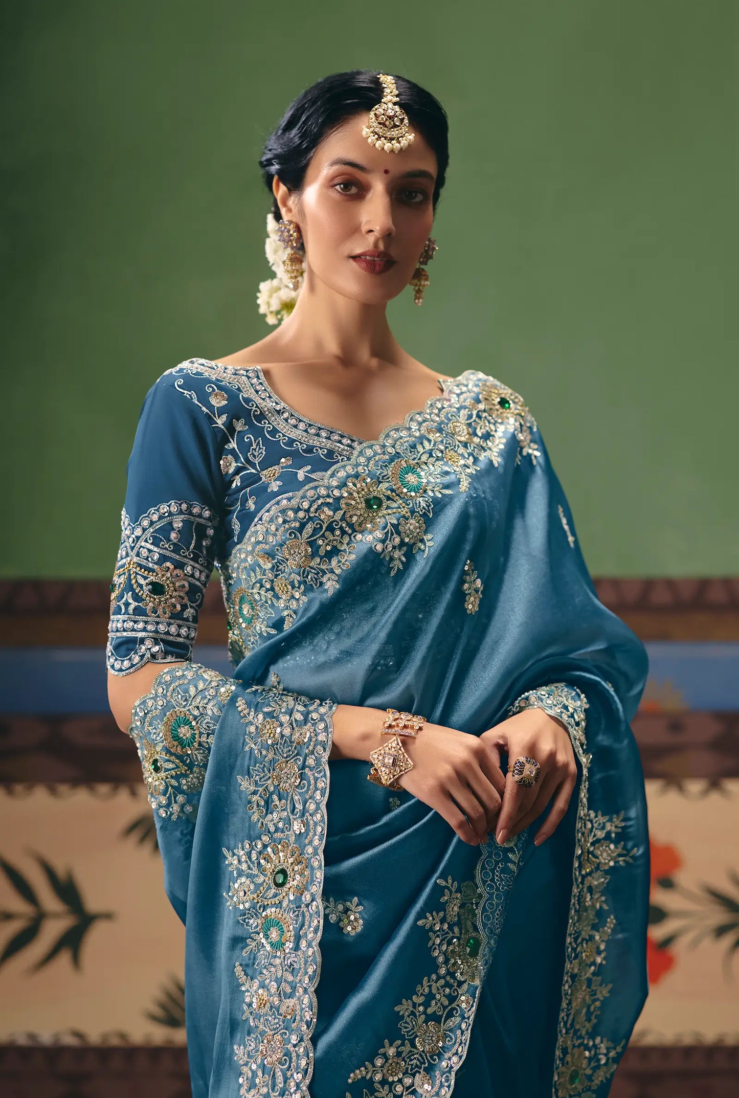 Metalic Blue Heavy Embroidered Saree