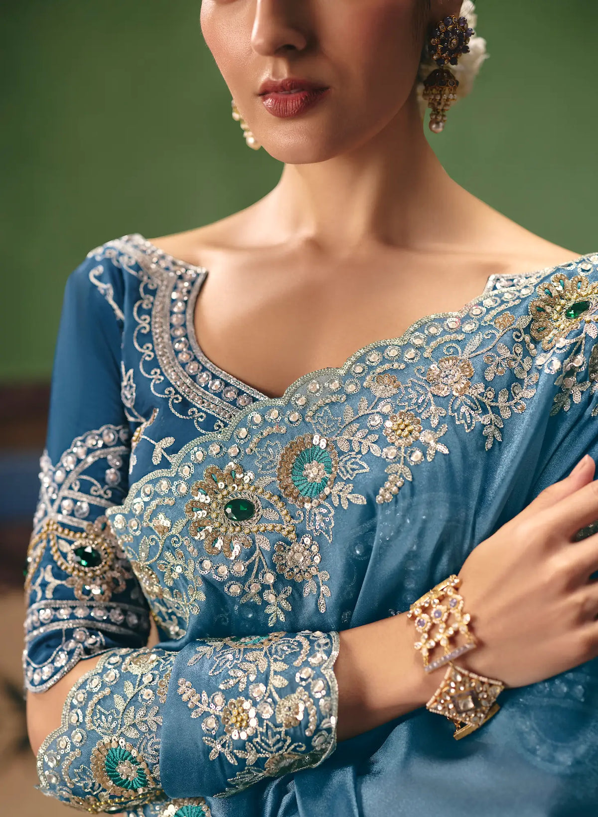 Metalic Blue Heavy Embroidered Saree