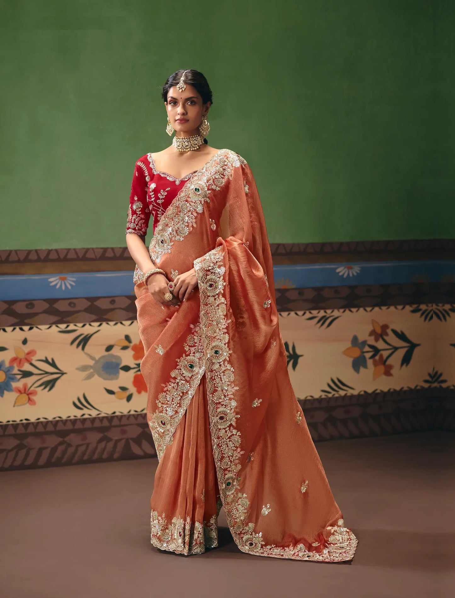 Coral Orange Heavy Embroidered Saree