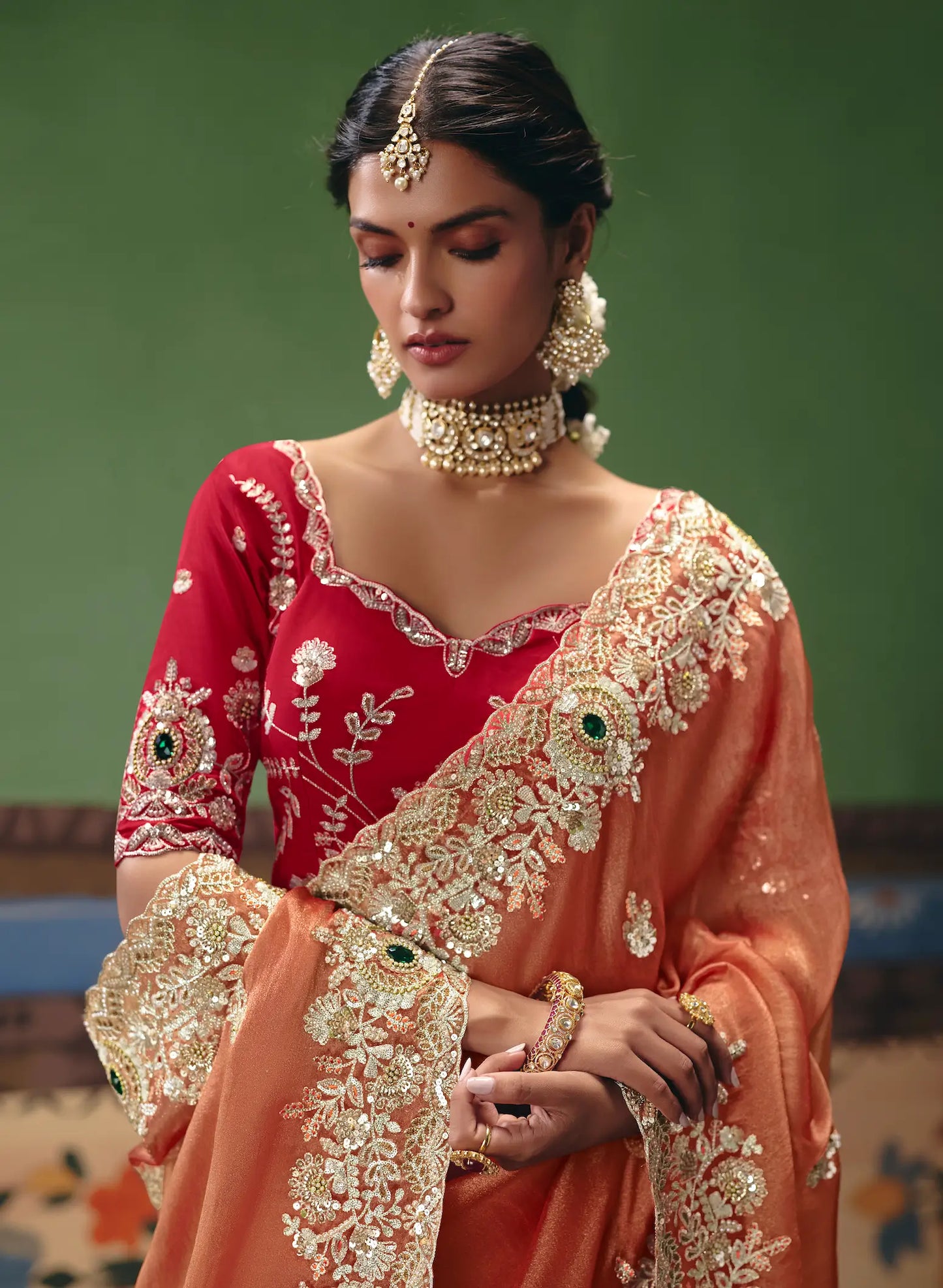 Coral Orange Heavy Embroidered Saree