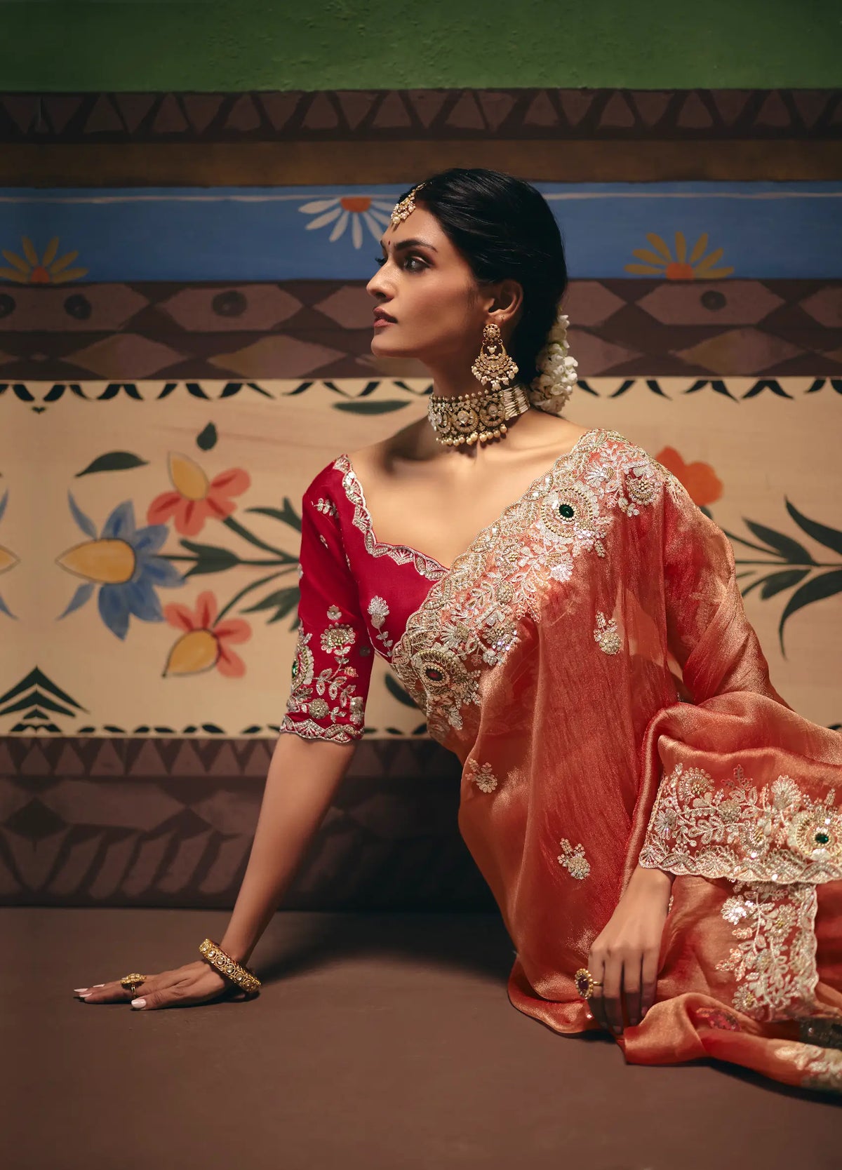 Coral Orange Heavy Embroidered Saree