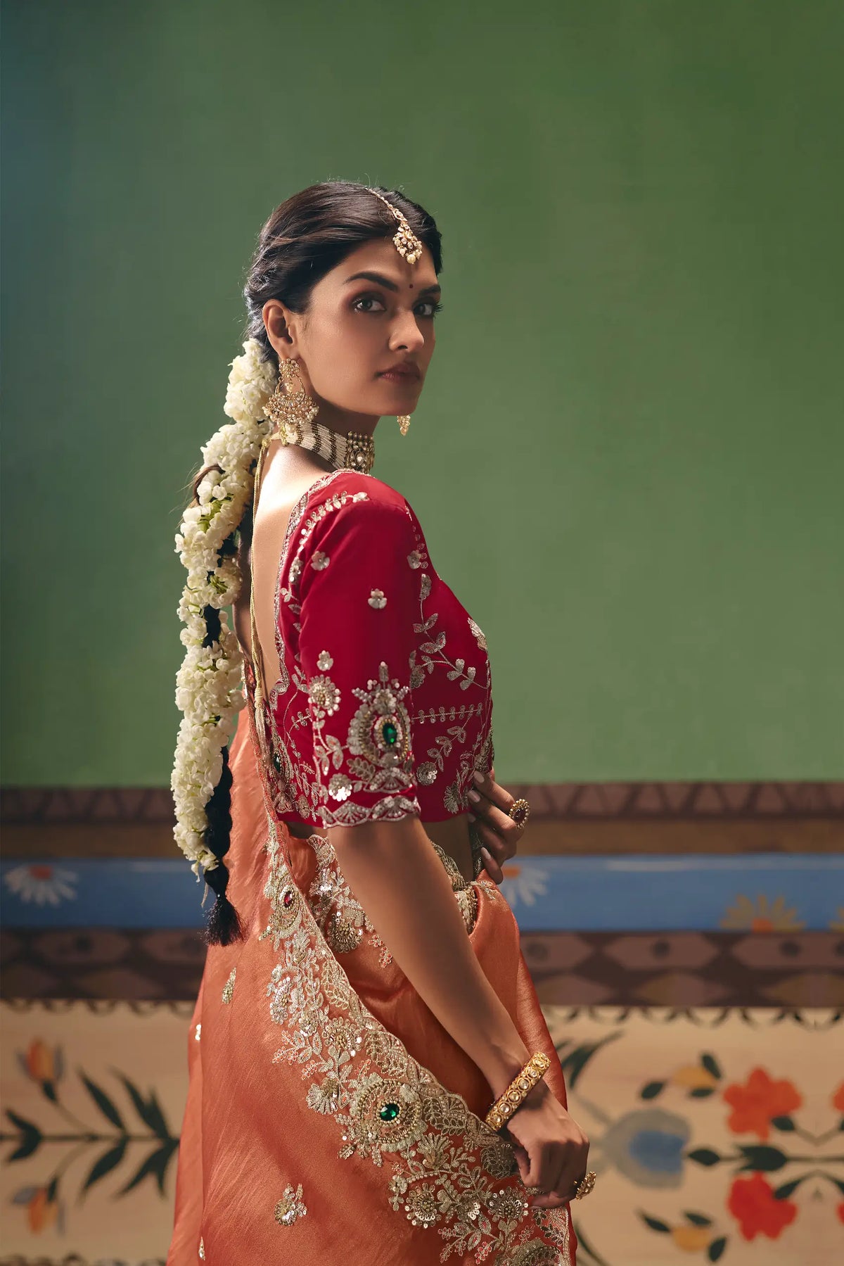 Coral Orange Heavy Embroidered Saree