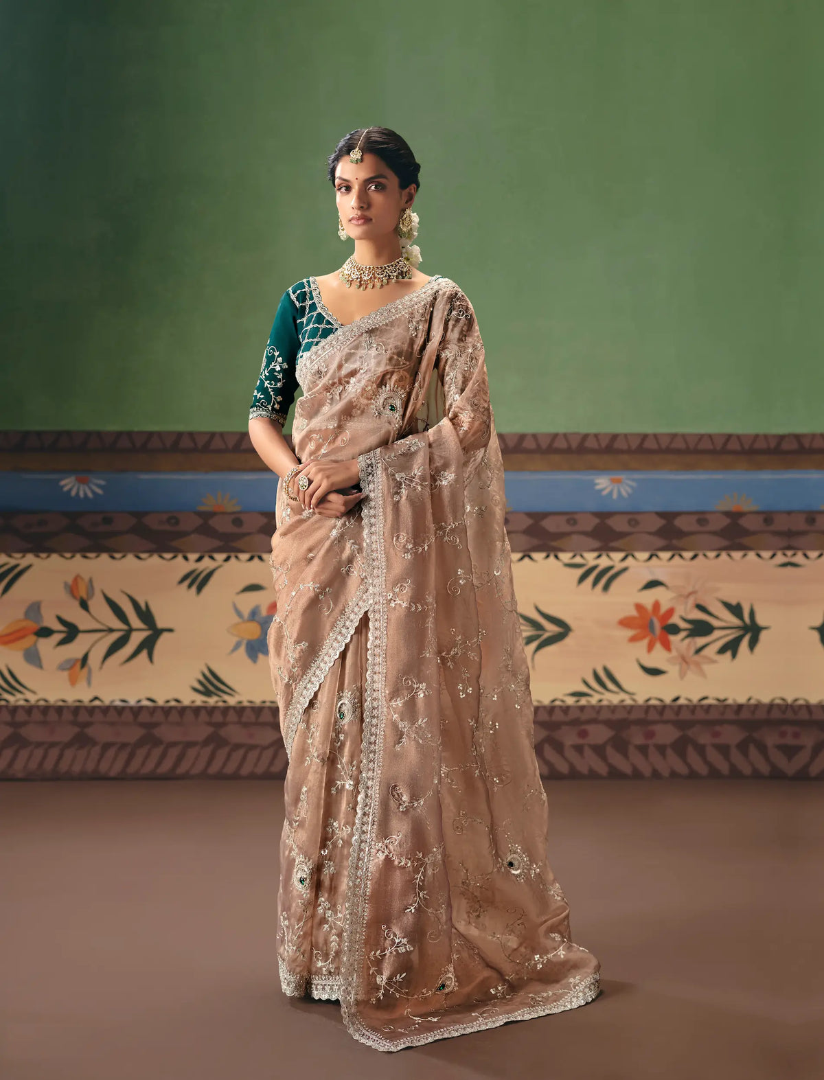 Nude Beige Heavy Embroidered Saree