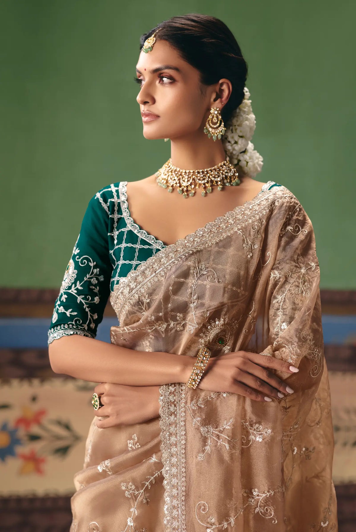 Nude Beige Heavy Embroidered Saree