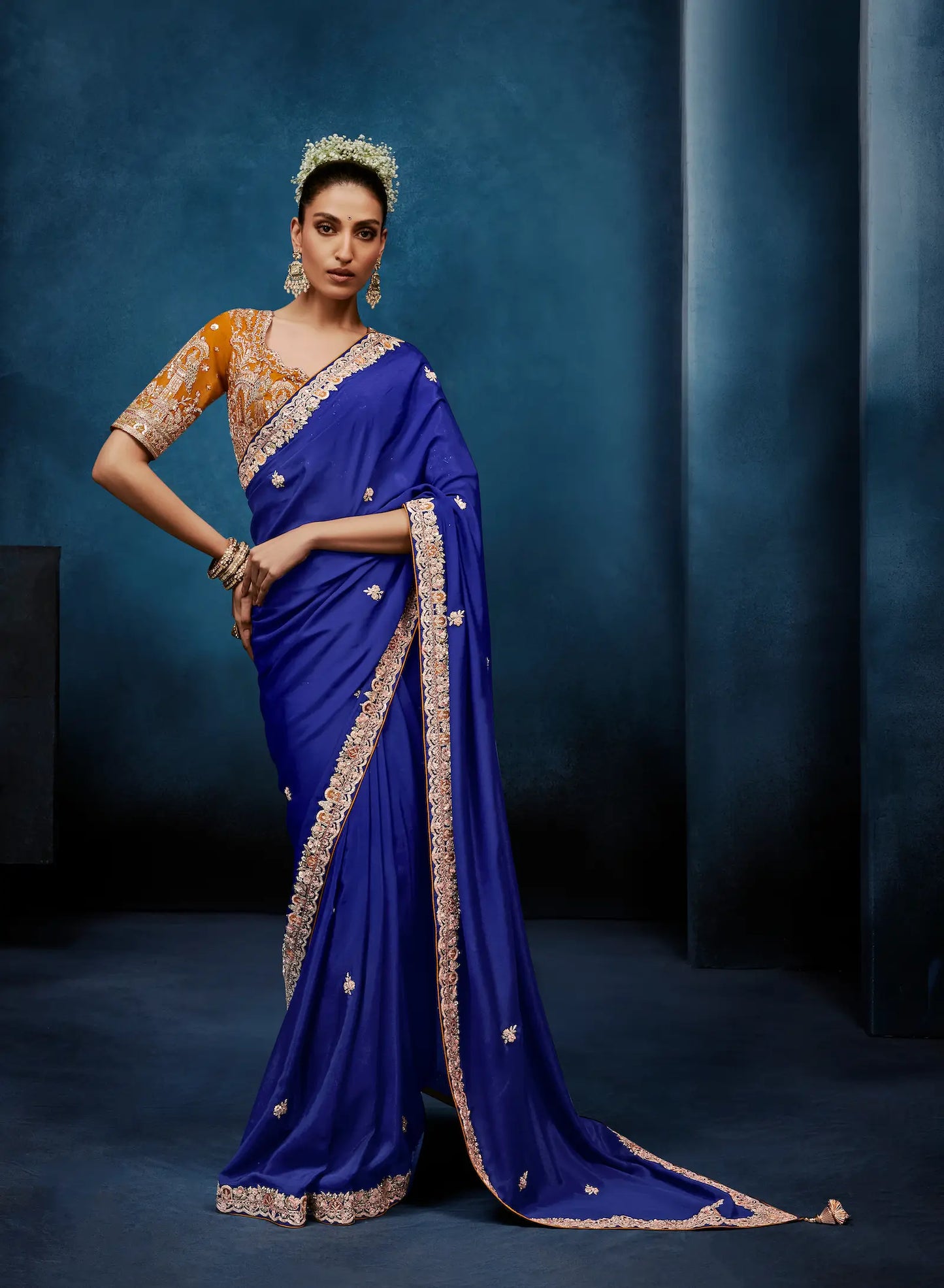 Royal Blue Embroidery & Hand Work Saree