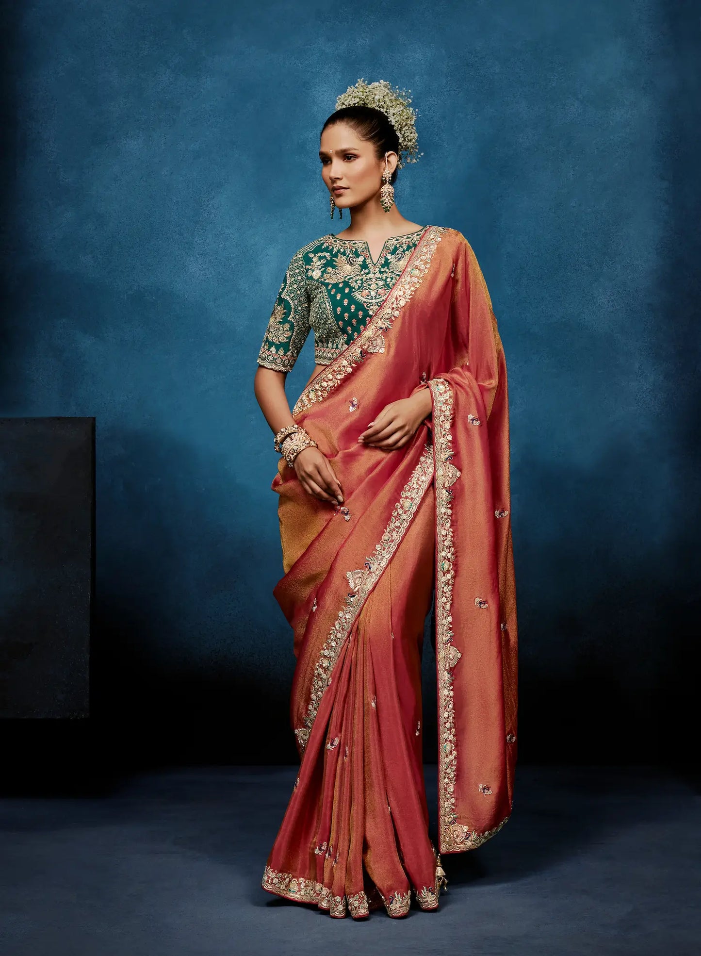 Coral Orange Embroidery & Hand Work Saree