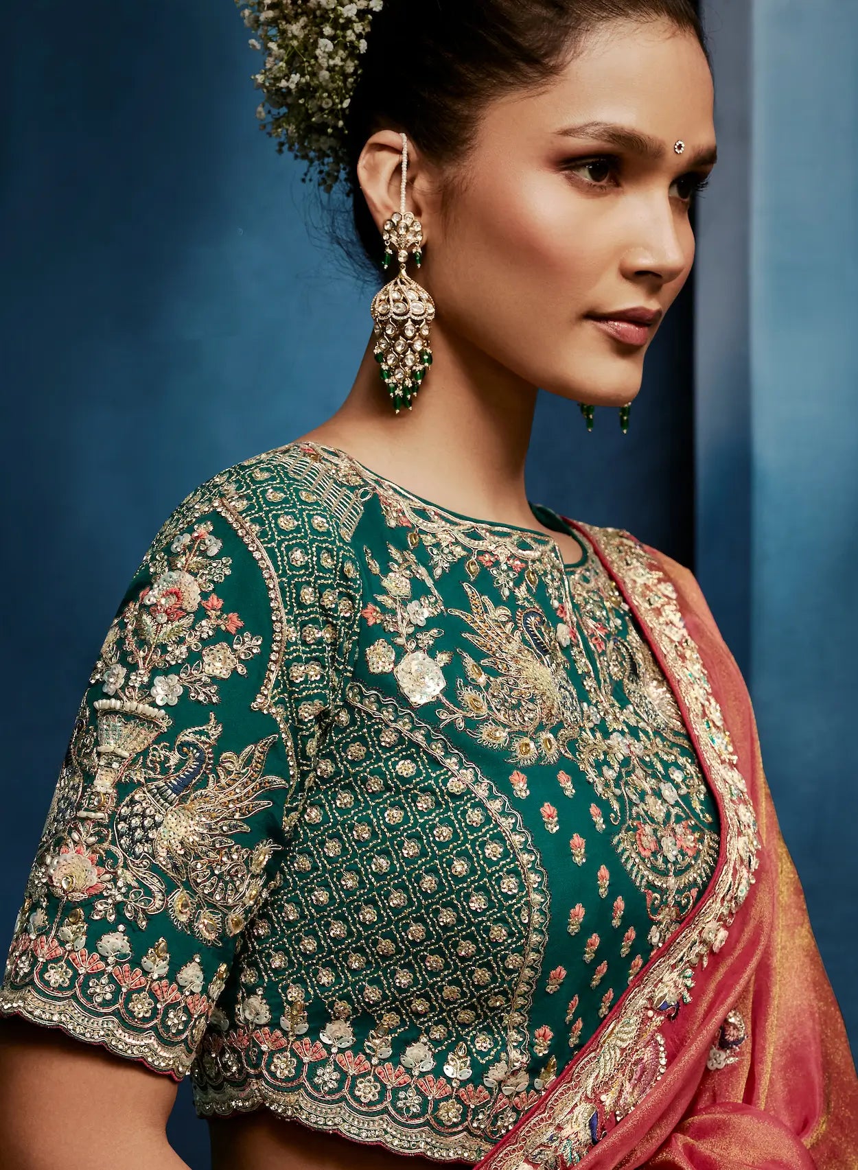 Coral Orange Embroidery & Hand Work Saree