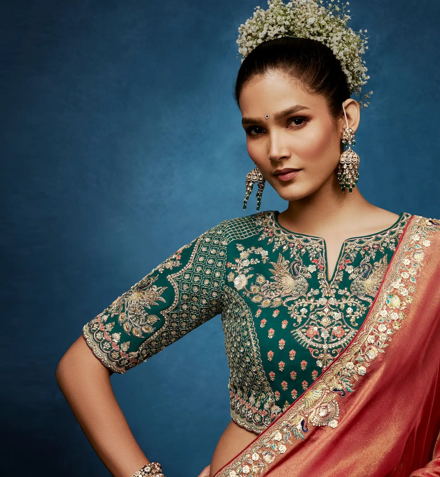 Coral Orange Embroidery & Hand Work Saree