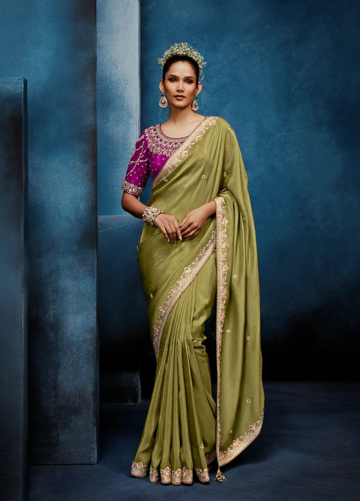 Olive Green Embroidery & Hand Work Saree