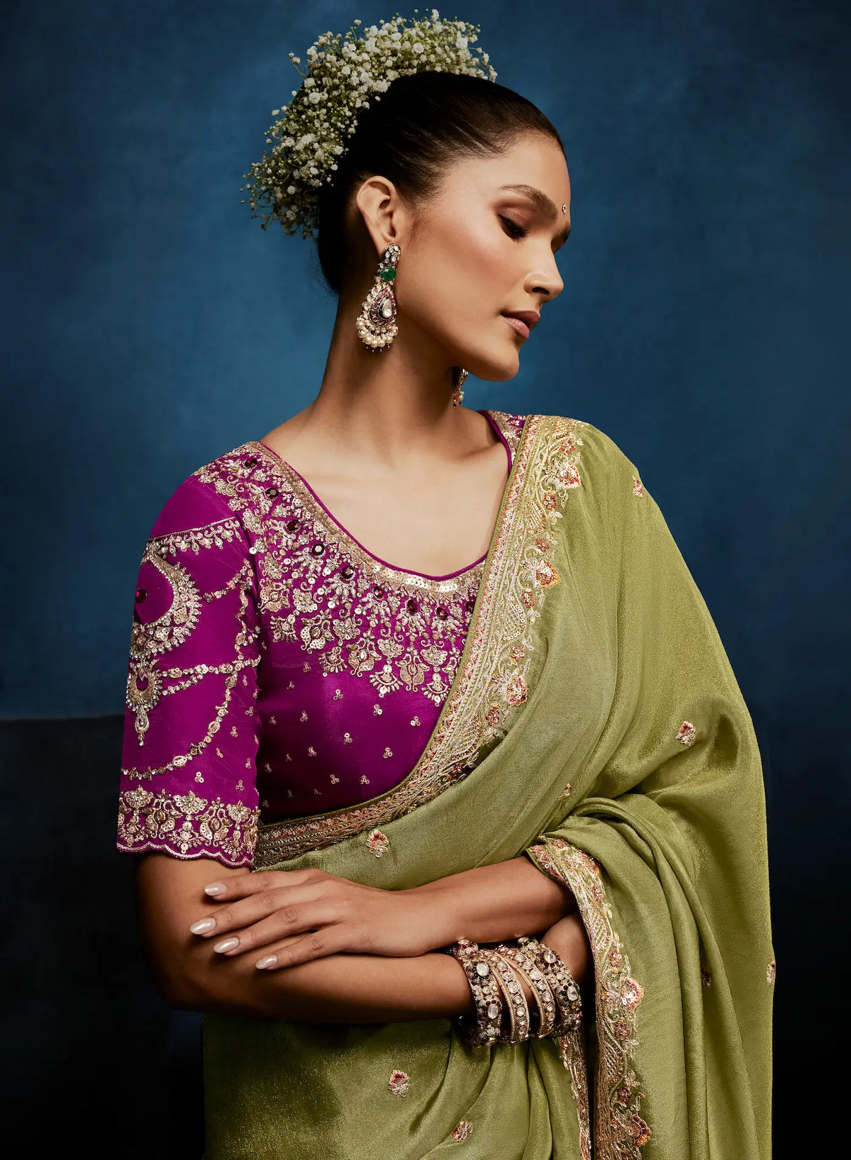 Olive Green Embroidery & Hand Work Saree