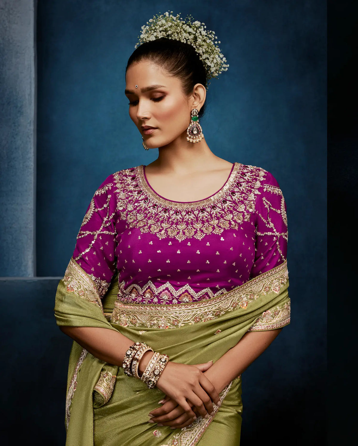 Olive Green Embroidery & Hand Work Saree