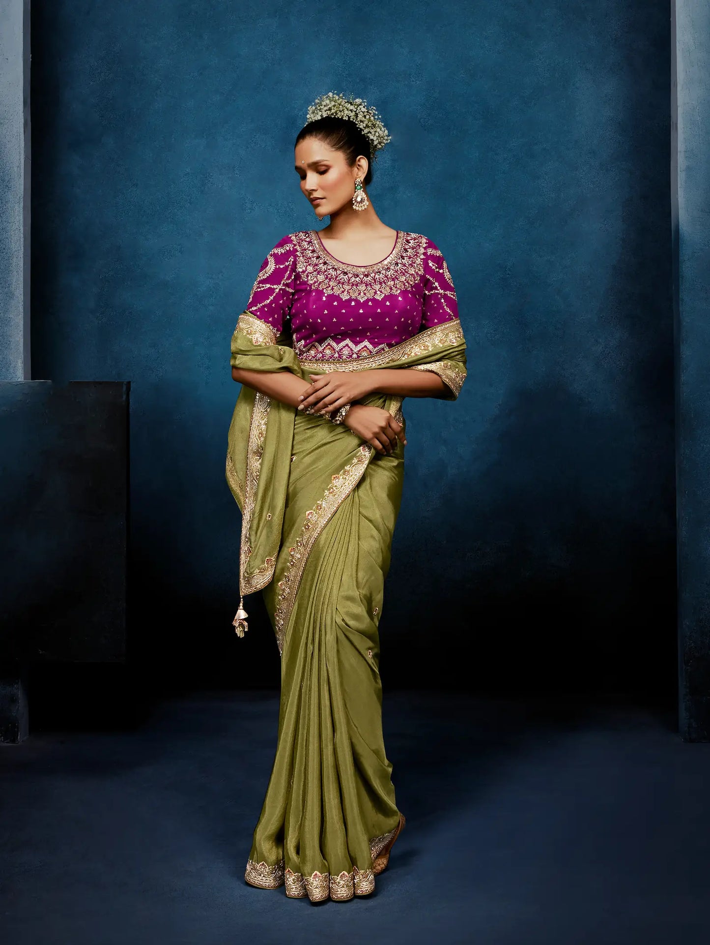 Olive Green Embroidery & Hand Work Saree