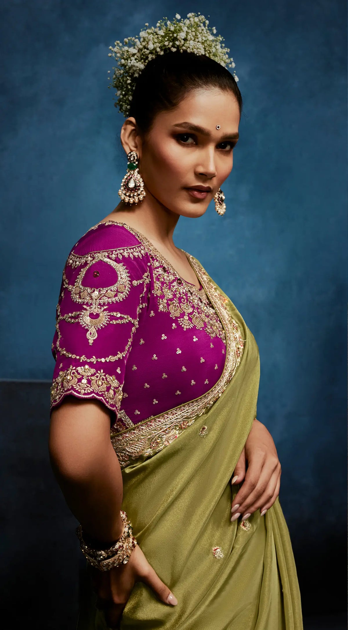 Olive Green Embroidery & Hand Work Saree