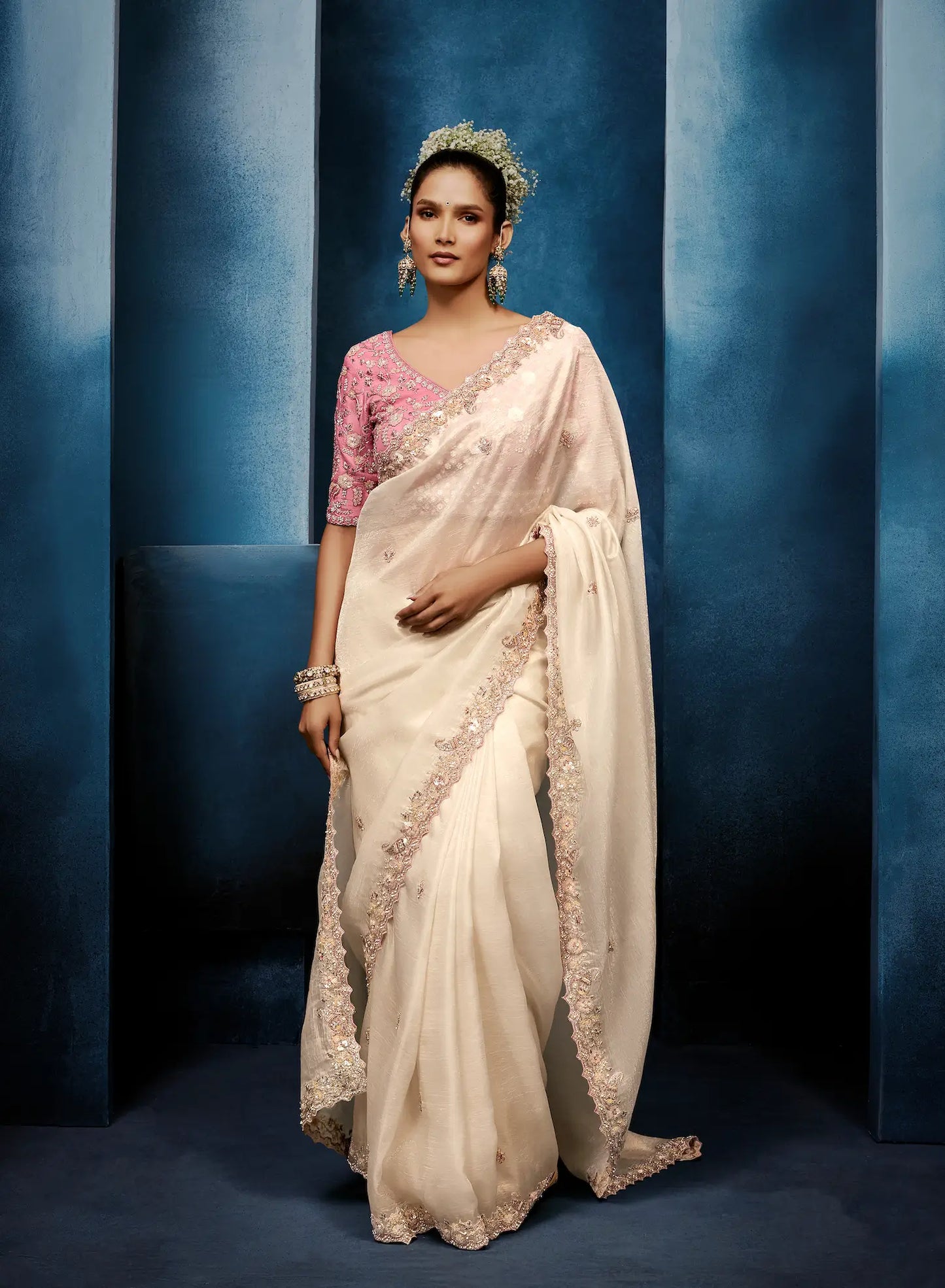 Antique White Embroidery & Hand Work Saree