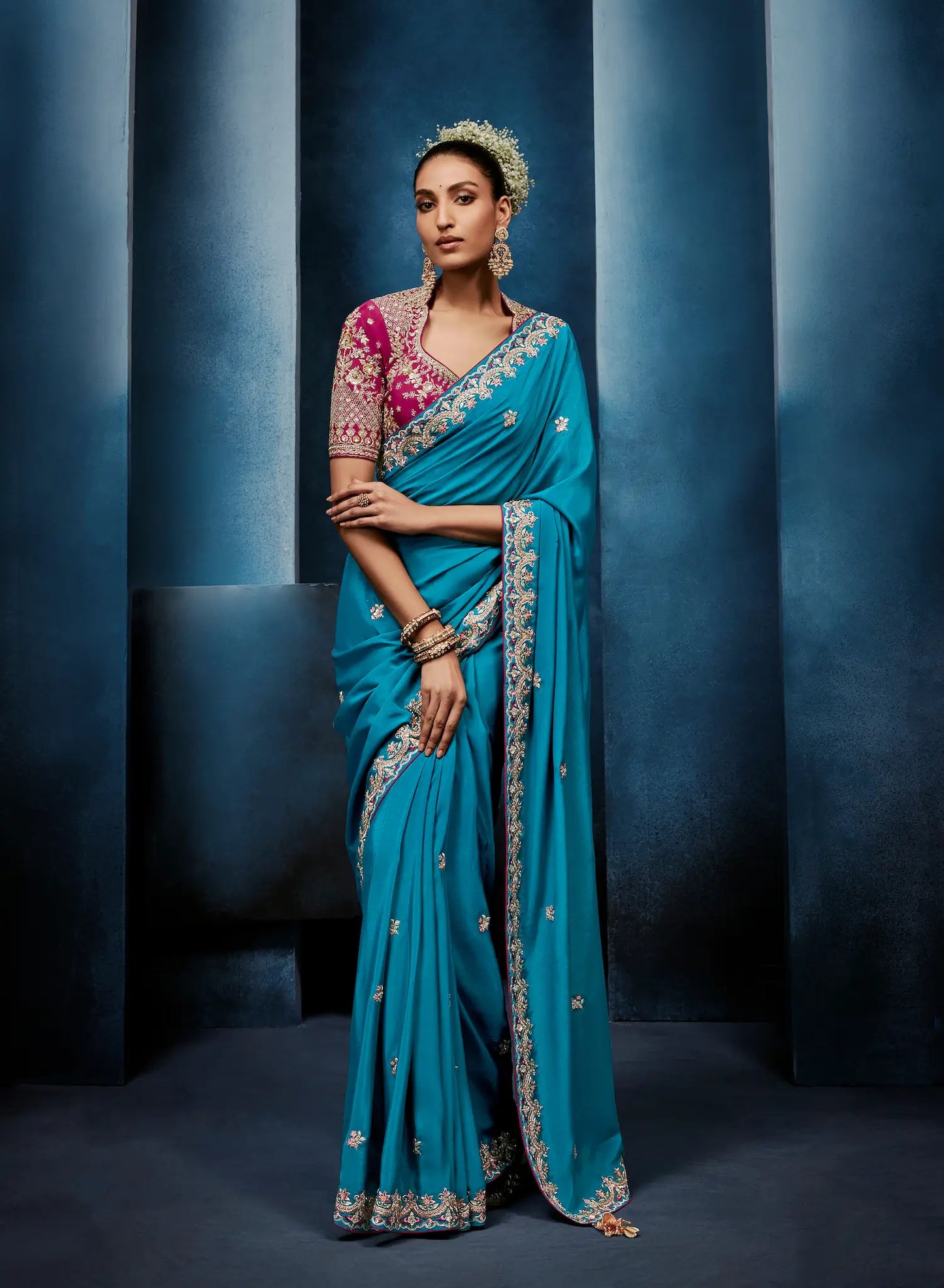 Deep Aqua Embroidery & Hand Work Saree