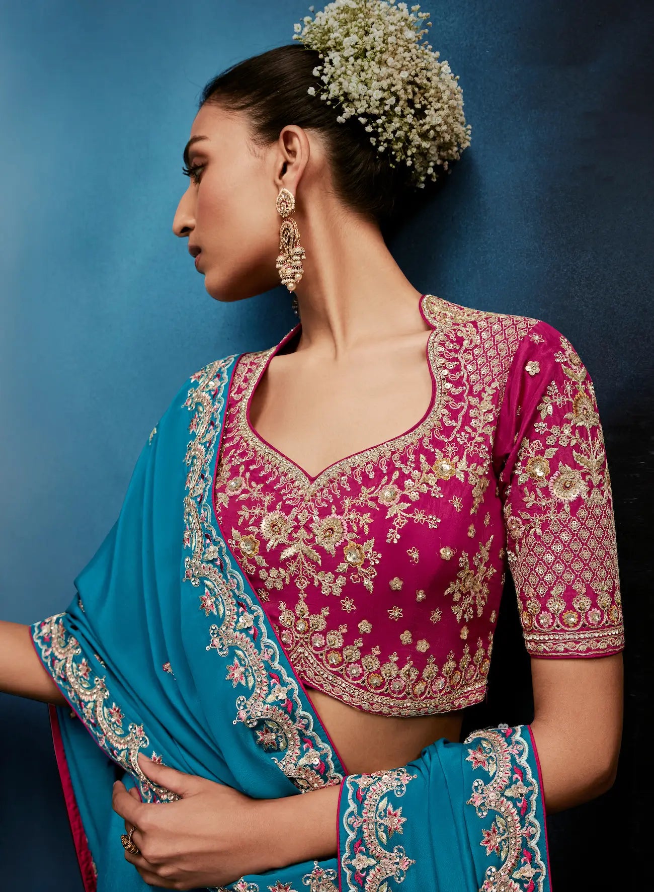 Deep Aqua Embroidery & Hand Work Saree
