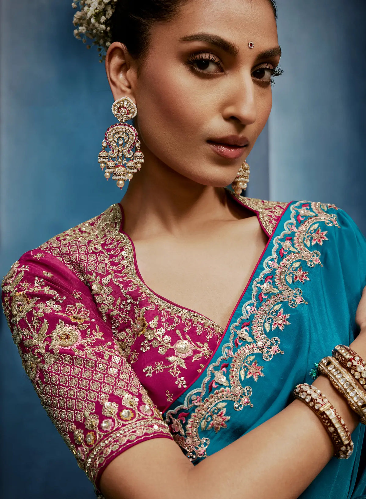 Deep Aqua Embroidery & Hand Work Saree