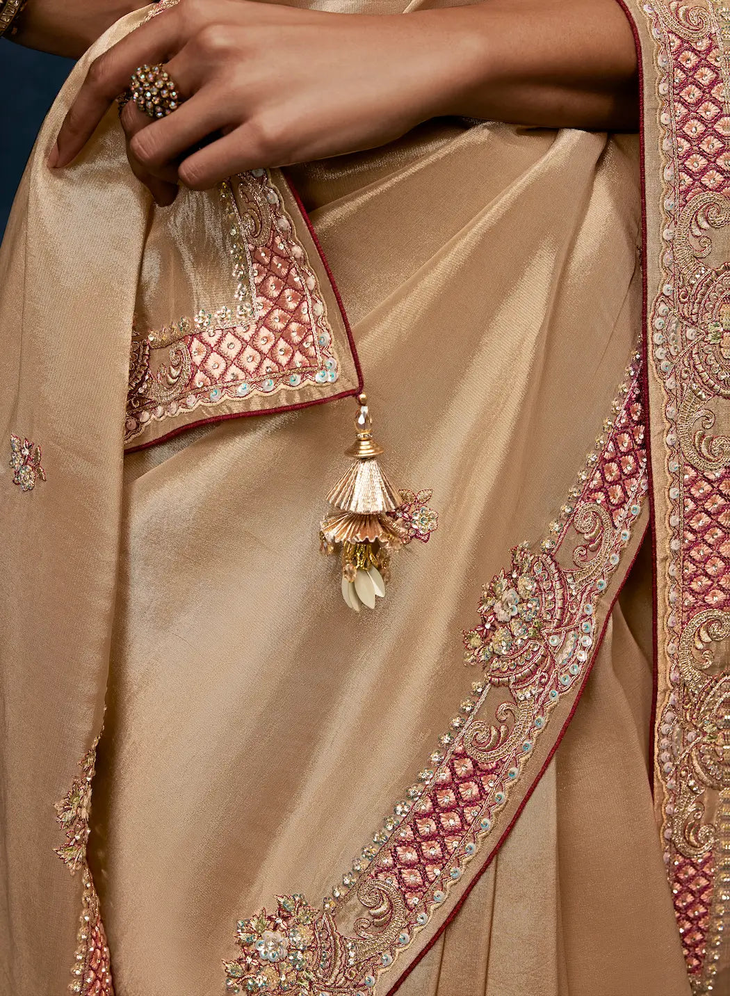 Golden Beige Embroidery & Hand Work Saree
