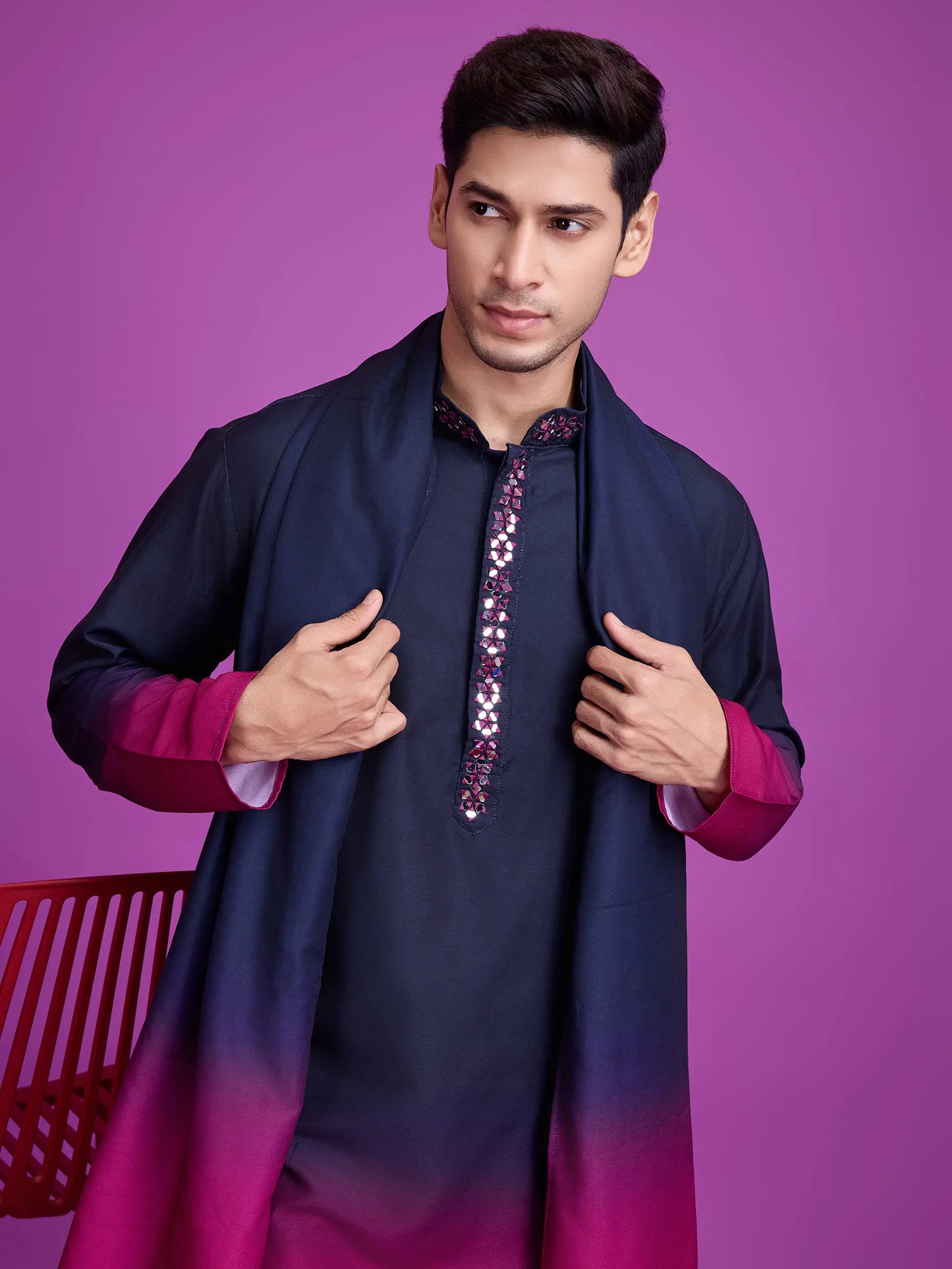 Navy Blue & Pink Rayon Kurta With Hand Mirror Work