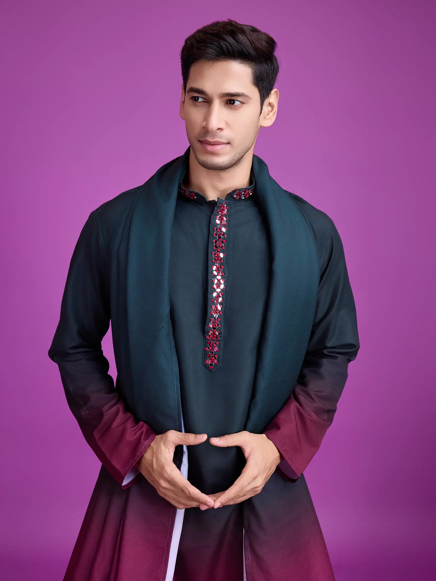 Green & Maroon Rayon Kurta With Hand Mirror Work