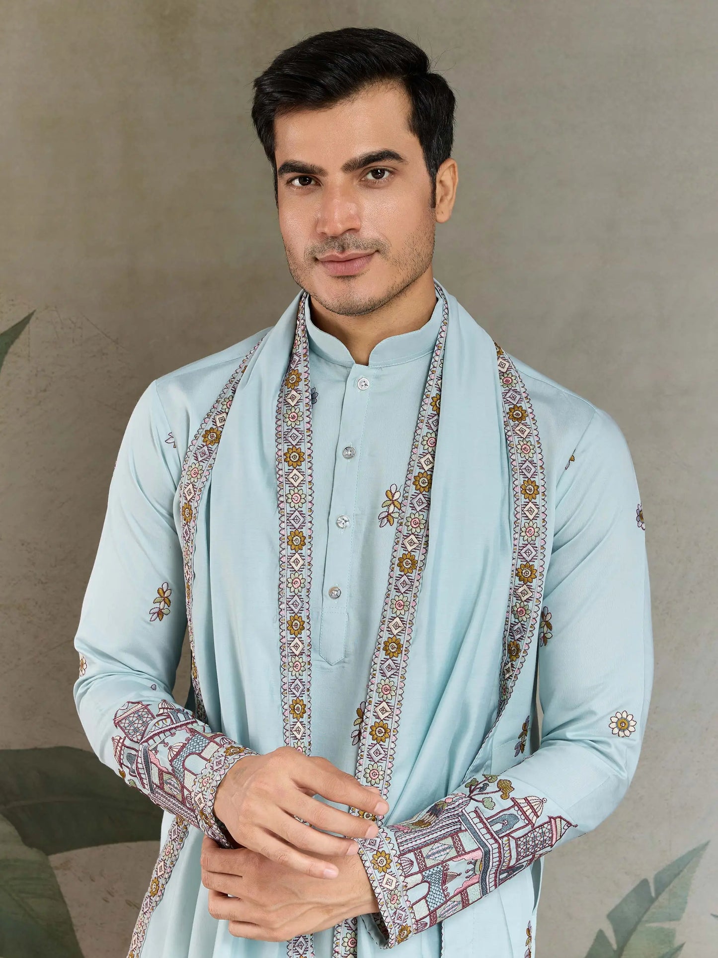 Sky Viscose Silk Thread & Sequence Embroidered Work Kurta With Pant & Dupatta