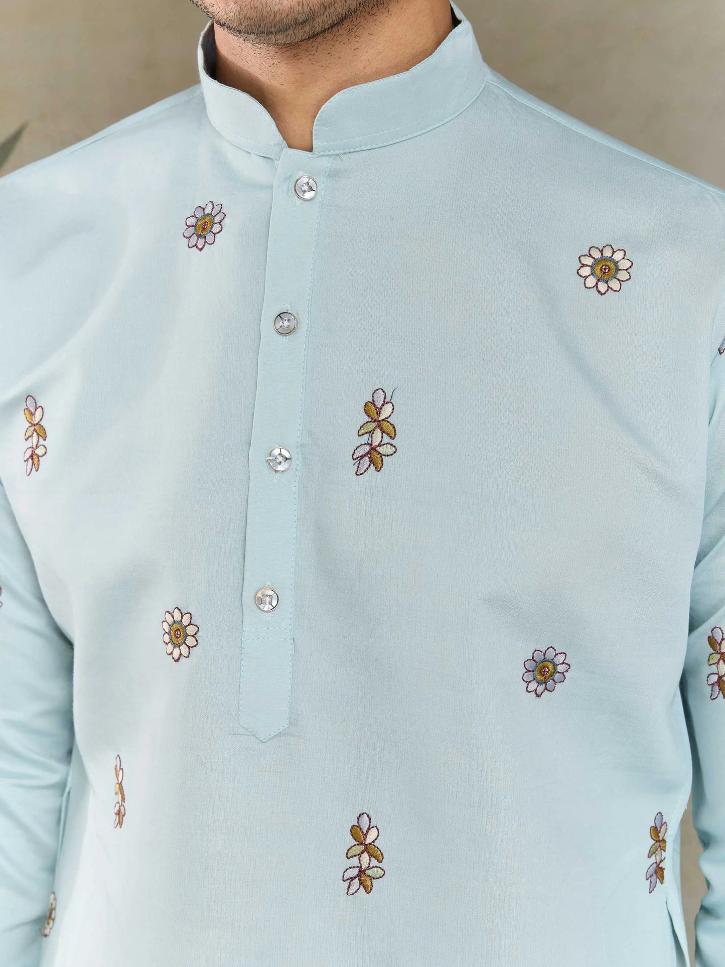 Sky Viscose Silk Thread & Sequence Embroidered Work Kurta With Pant & Dupatta