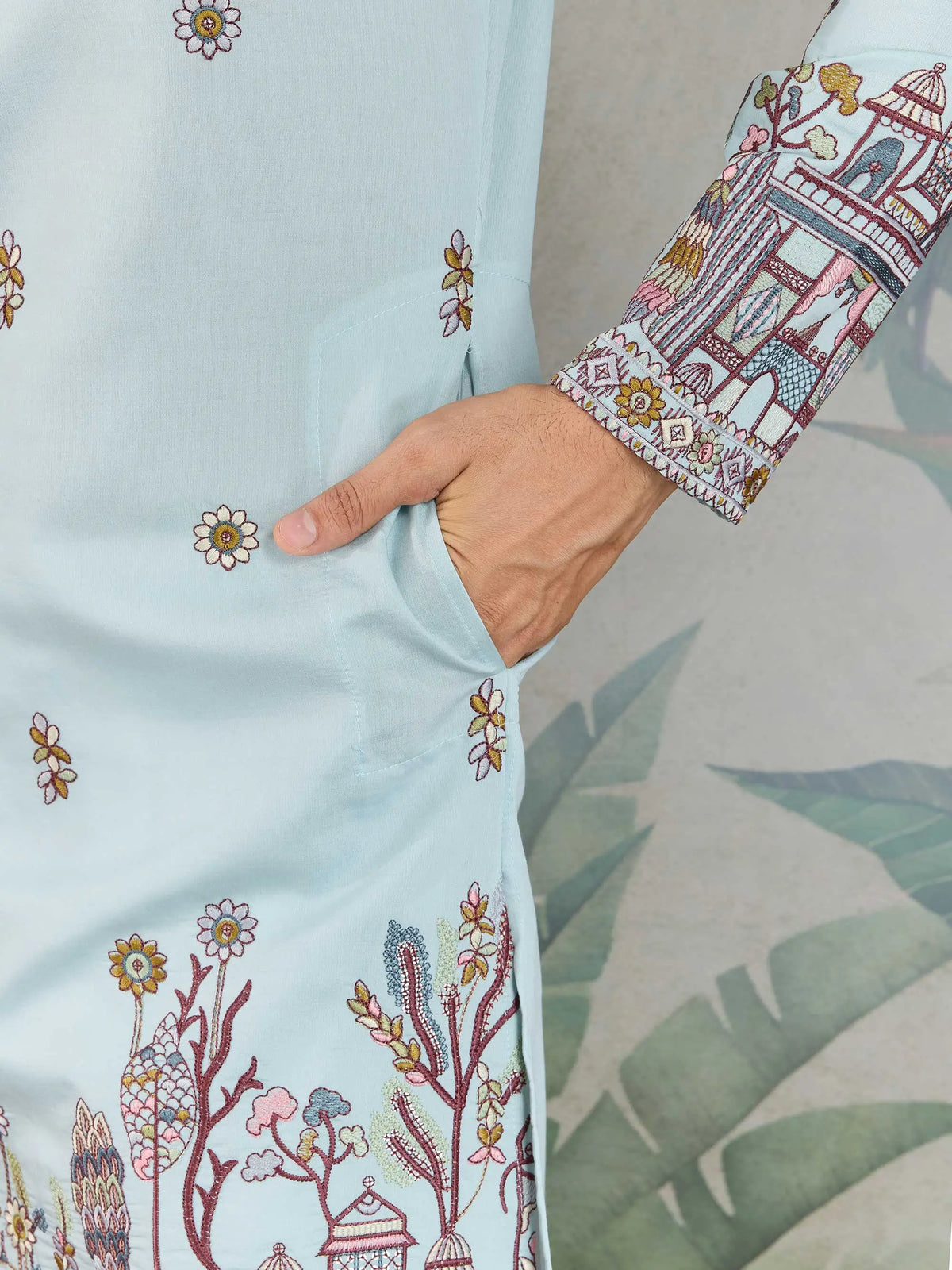 Sky Viscose Silk Thread & Sequence Embroidered Work Kurta With Pant & Dupatta