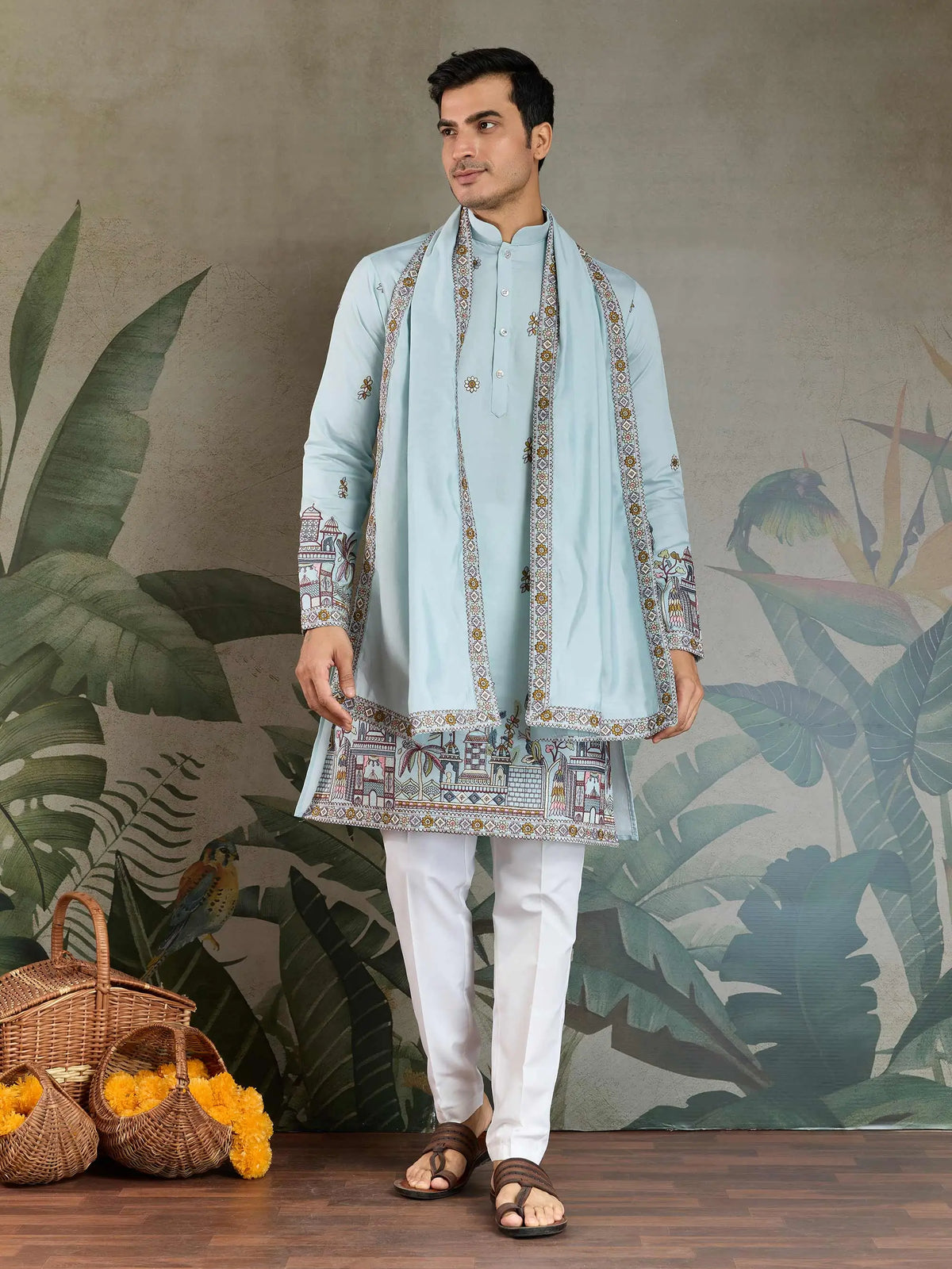 Sky Viscose Silk Thread & Sequence Embroidered Work Kurta With Pant & Dupatta