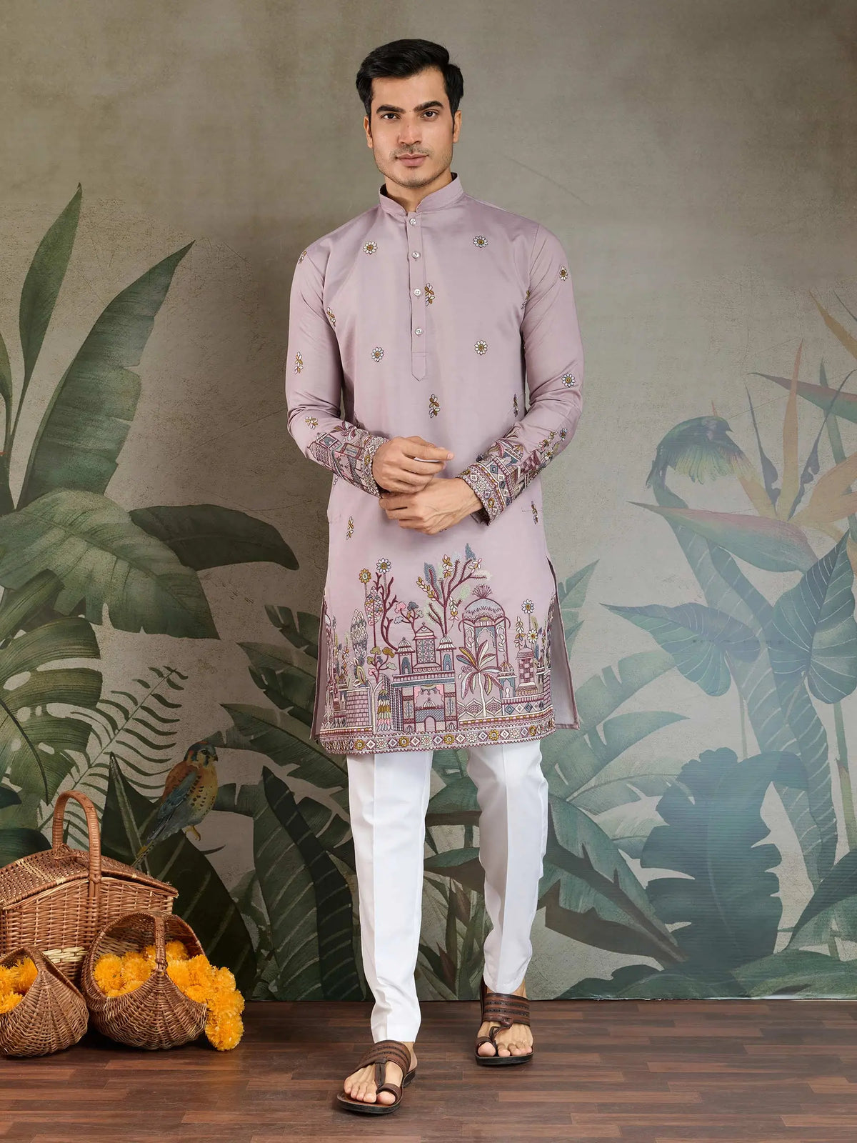 Dusty Pink Viscose Silk Thread & Sequence Embroidered Work Kurta With Pant & Dupatta