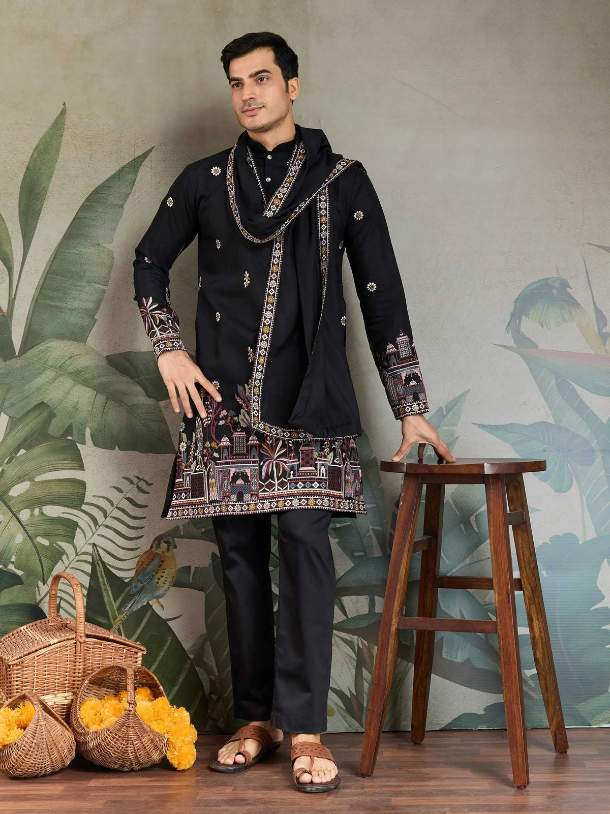 Black Viscose Silk Thread & Sequence Embroidered Work Kurta With Pant & Dupatta